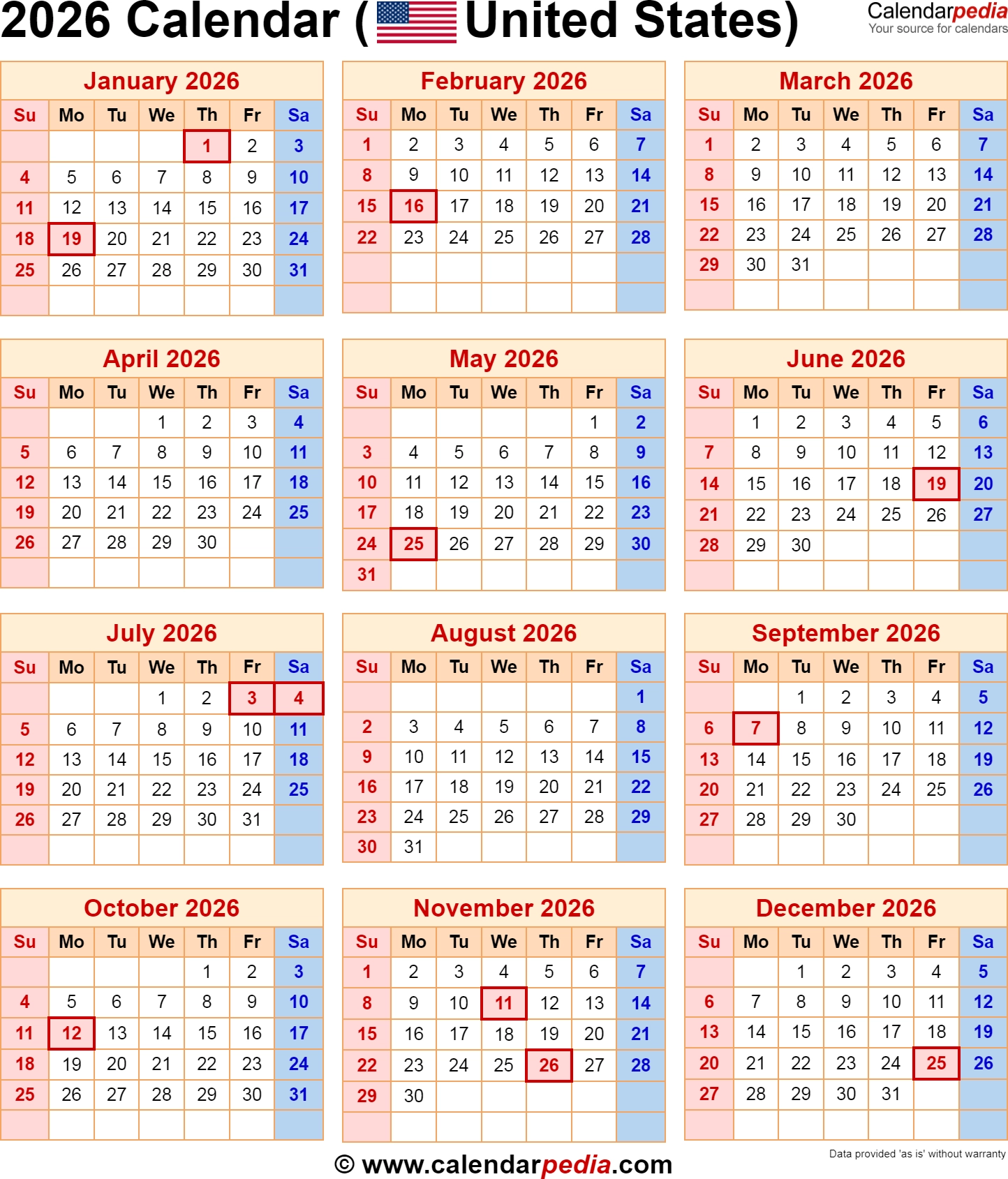 2026 Calendar Government Holidays Printable