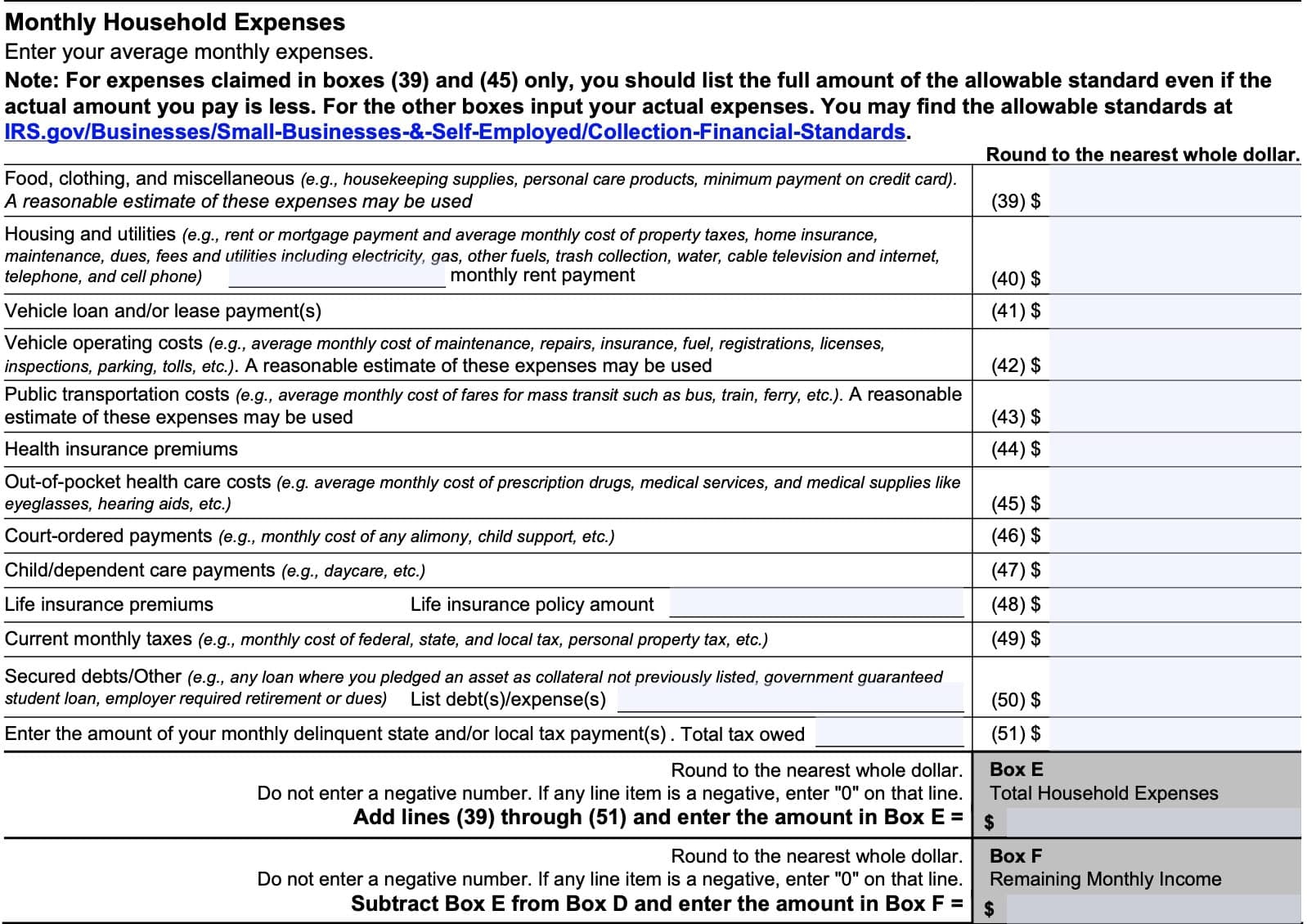IRS Form 433 A Instructions Collection Information Statement