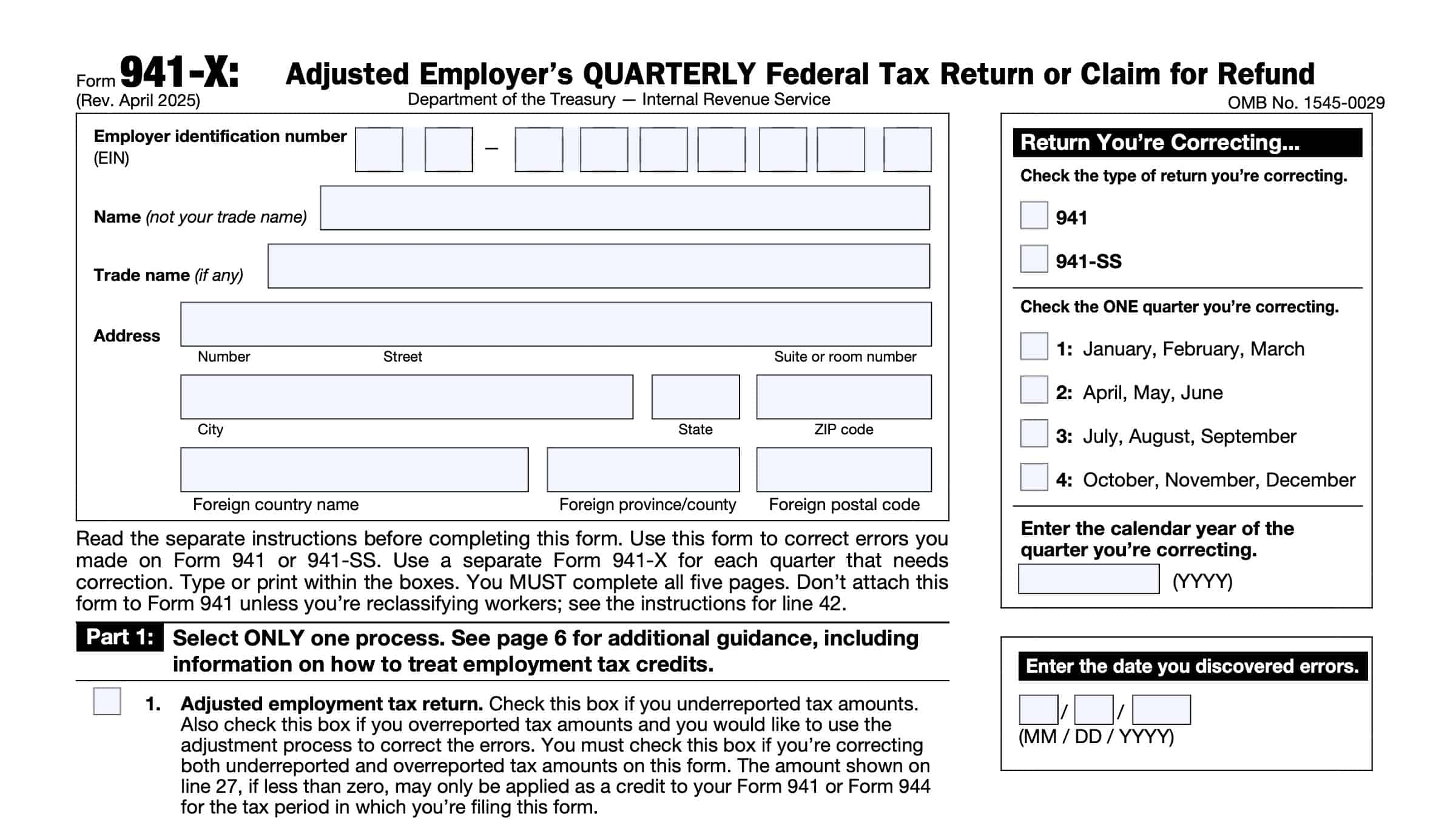 IRS Form 941 X Instructions Adjusted Quarterly Tax Return