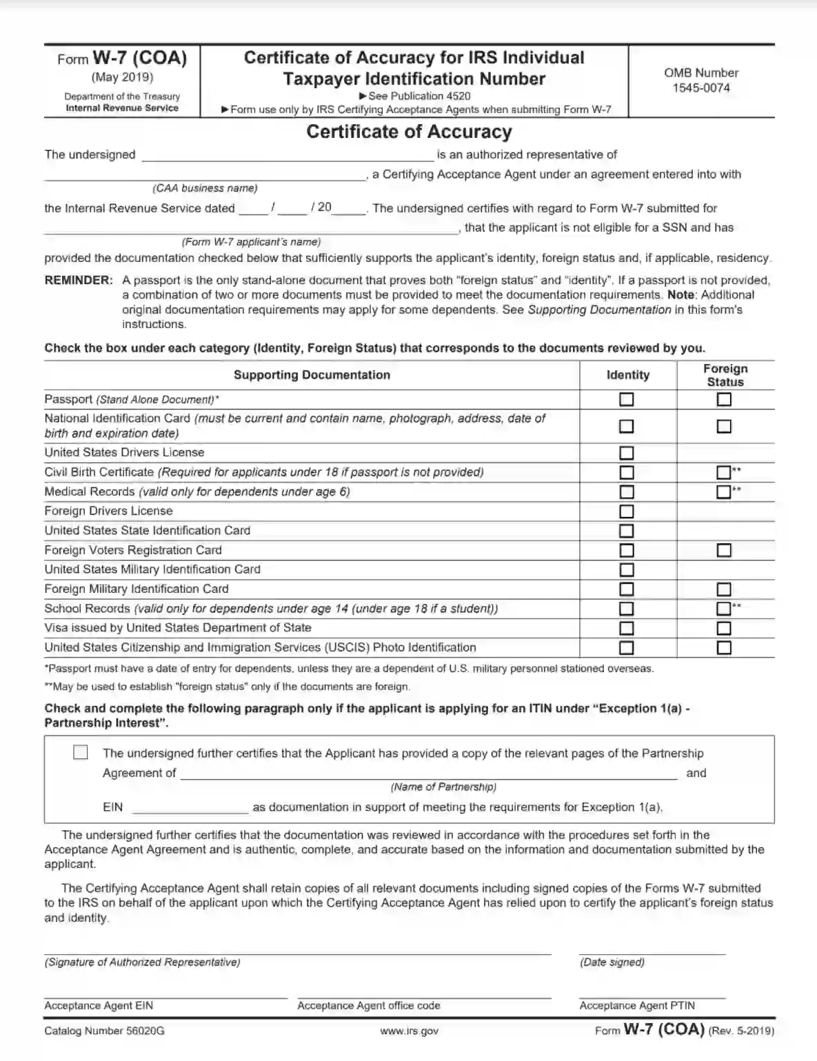 IRS Form W 7 COA Fill Out Printable PDF Forms Online