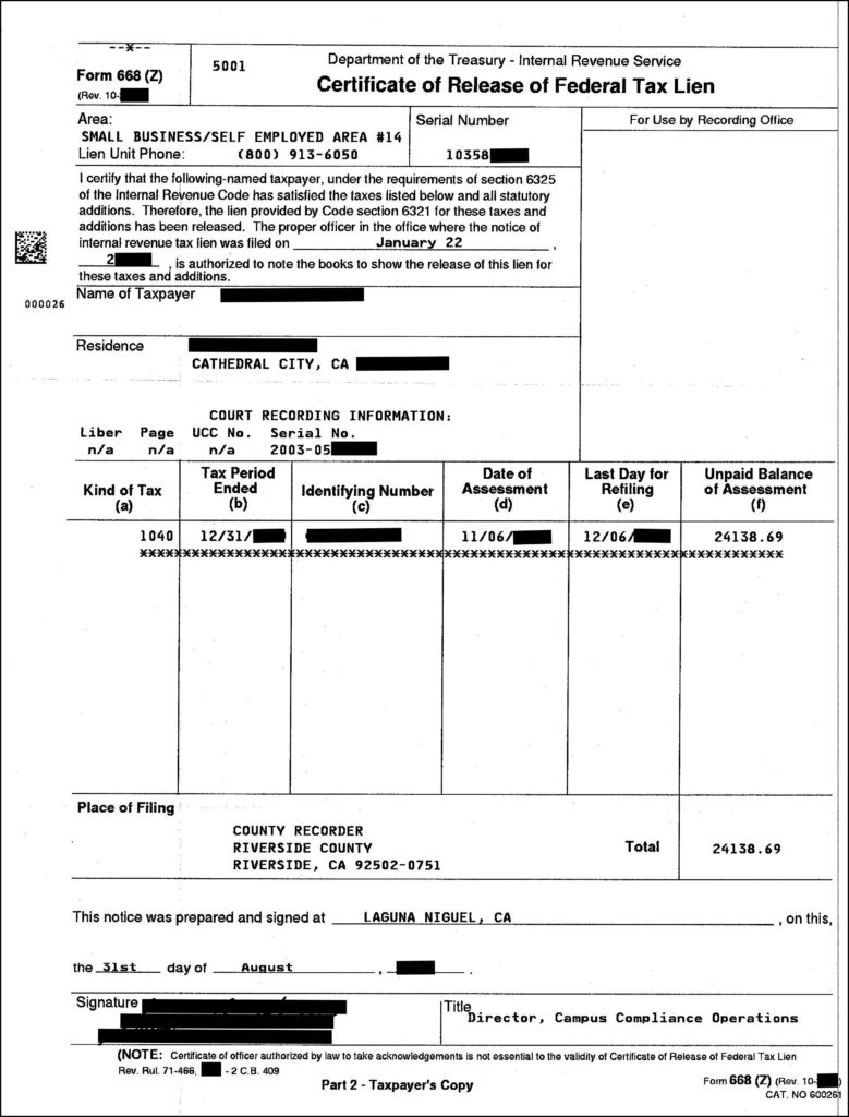Irs Form Release Of Lien