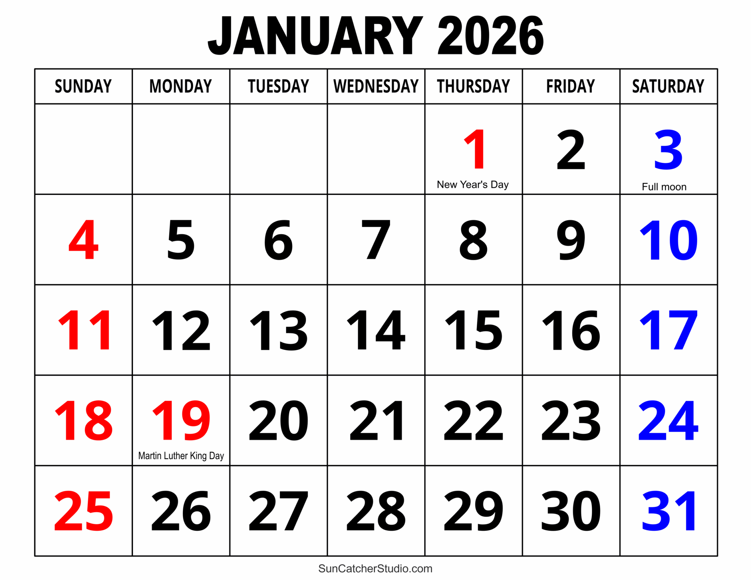 Calendar Jan To December Printable 2026