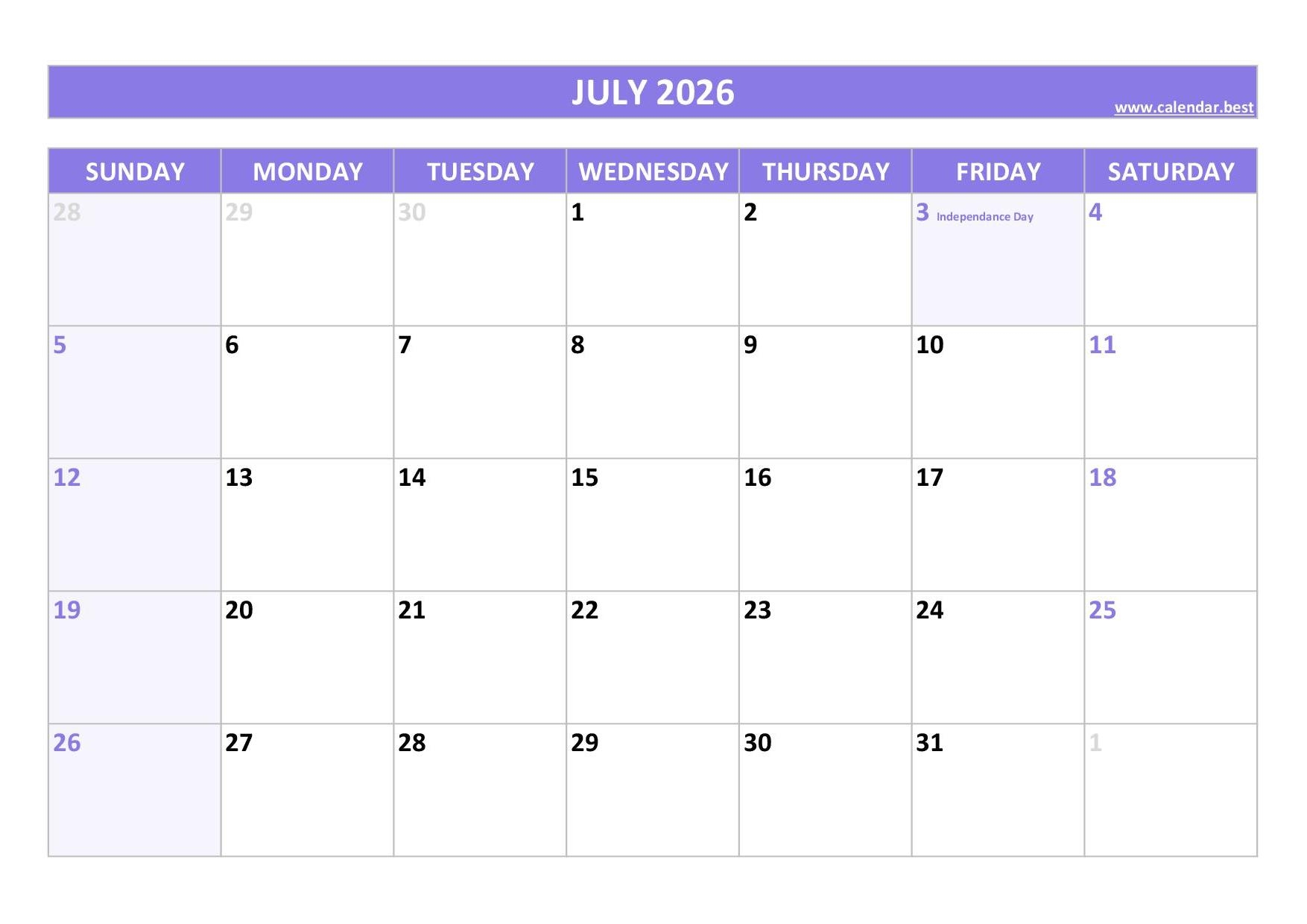 July 2026 Calendar Calendar best