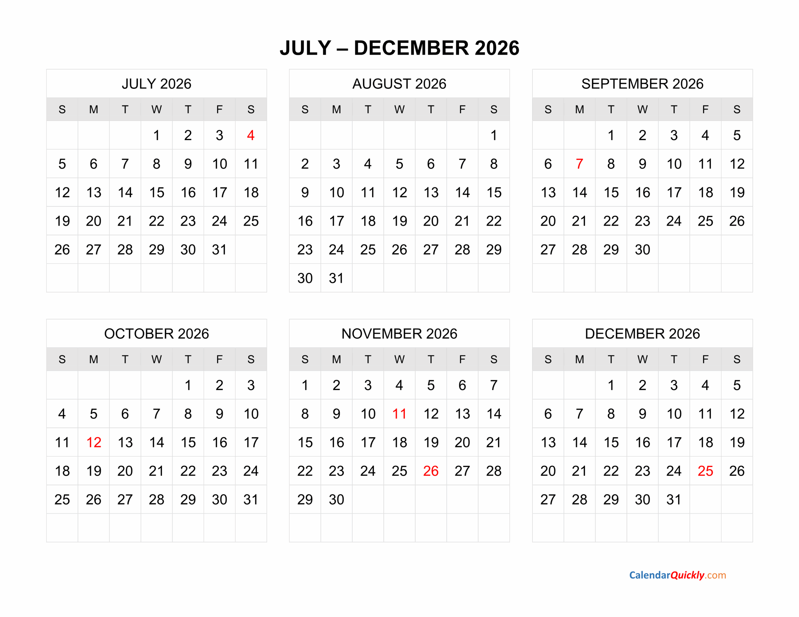 Calendar 2026 July To December Printable