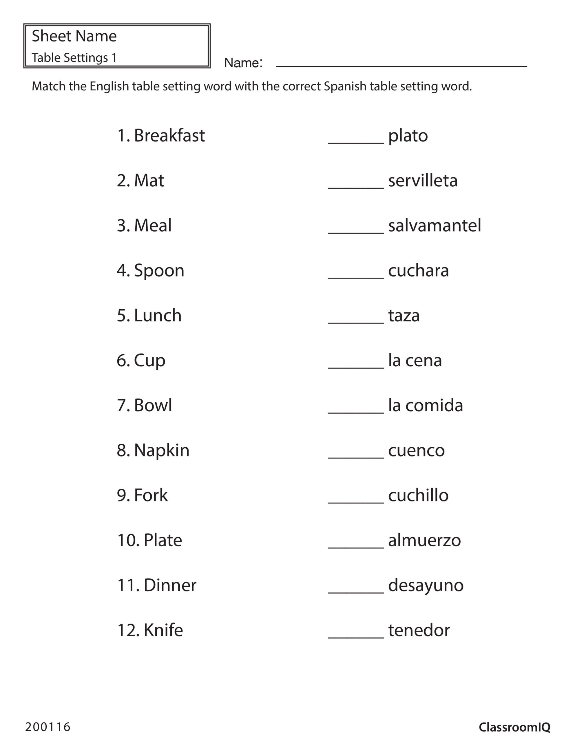 Beginning Spanish Worksheets Printables