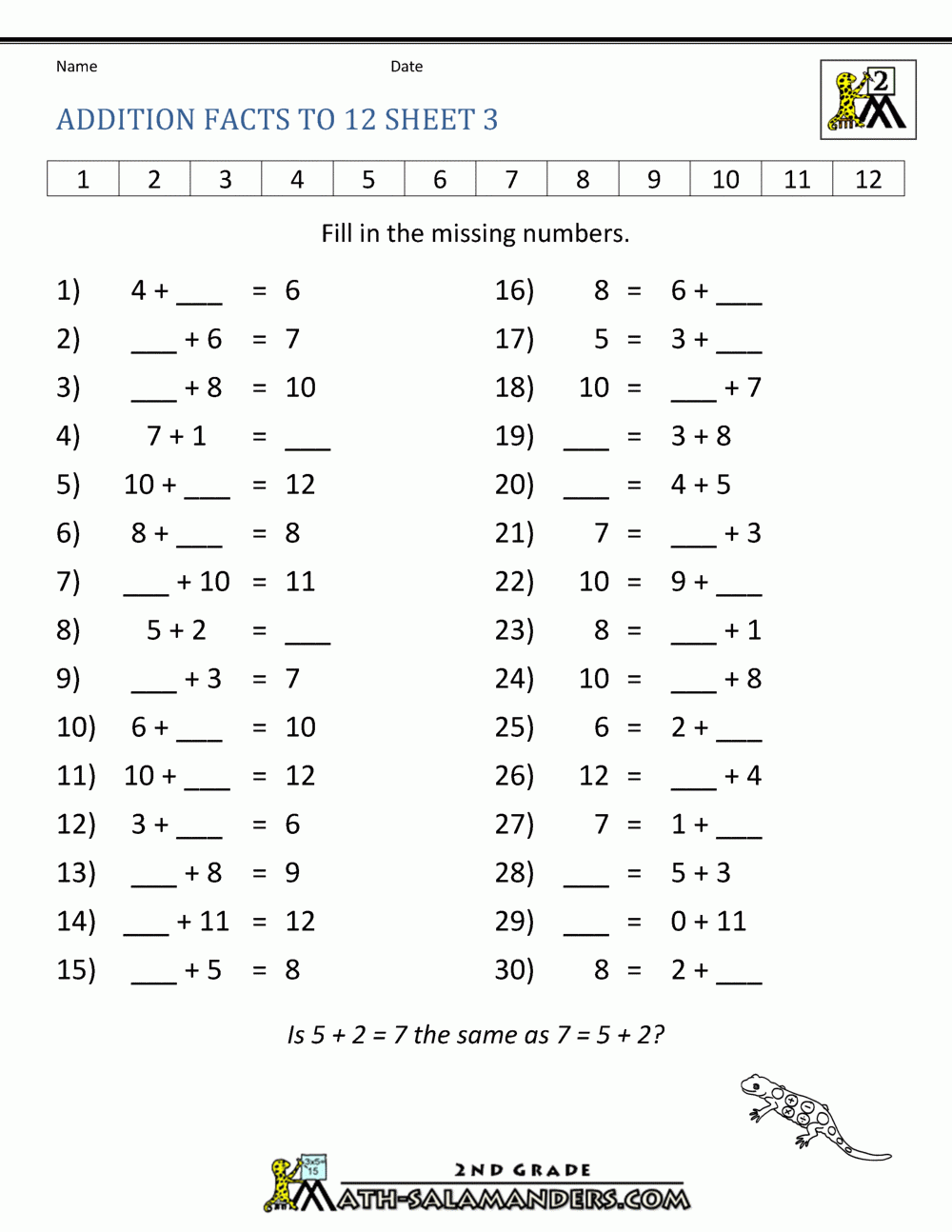 Addition Math Facts Printable