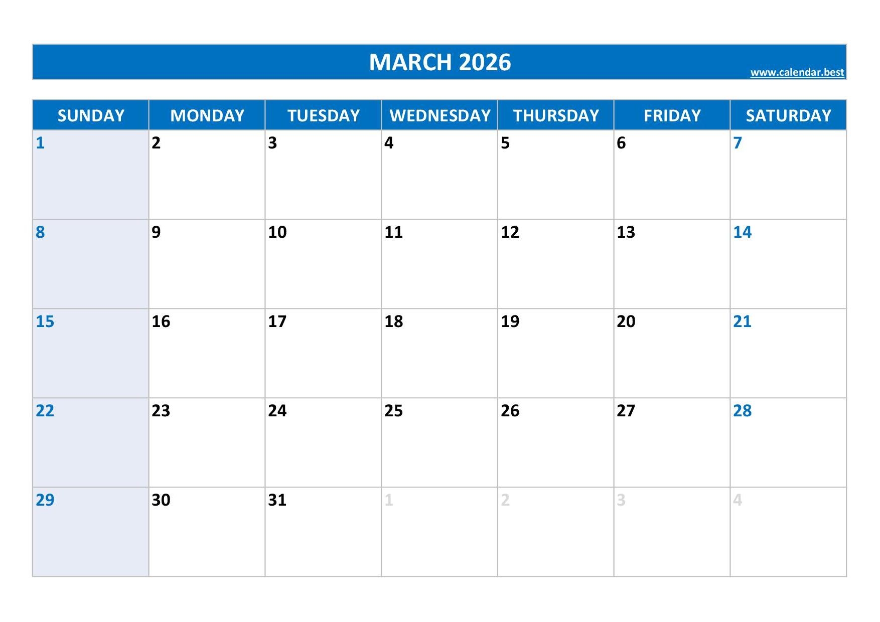 March 2026 Printable Calendar Template Free