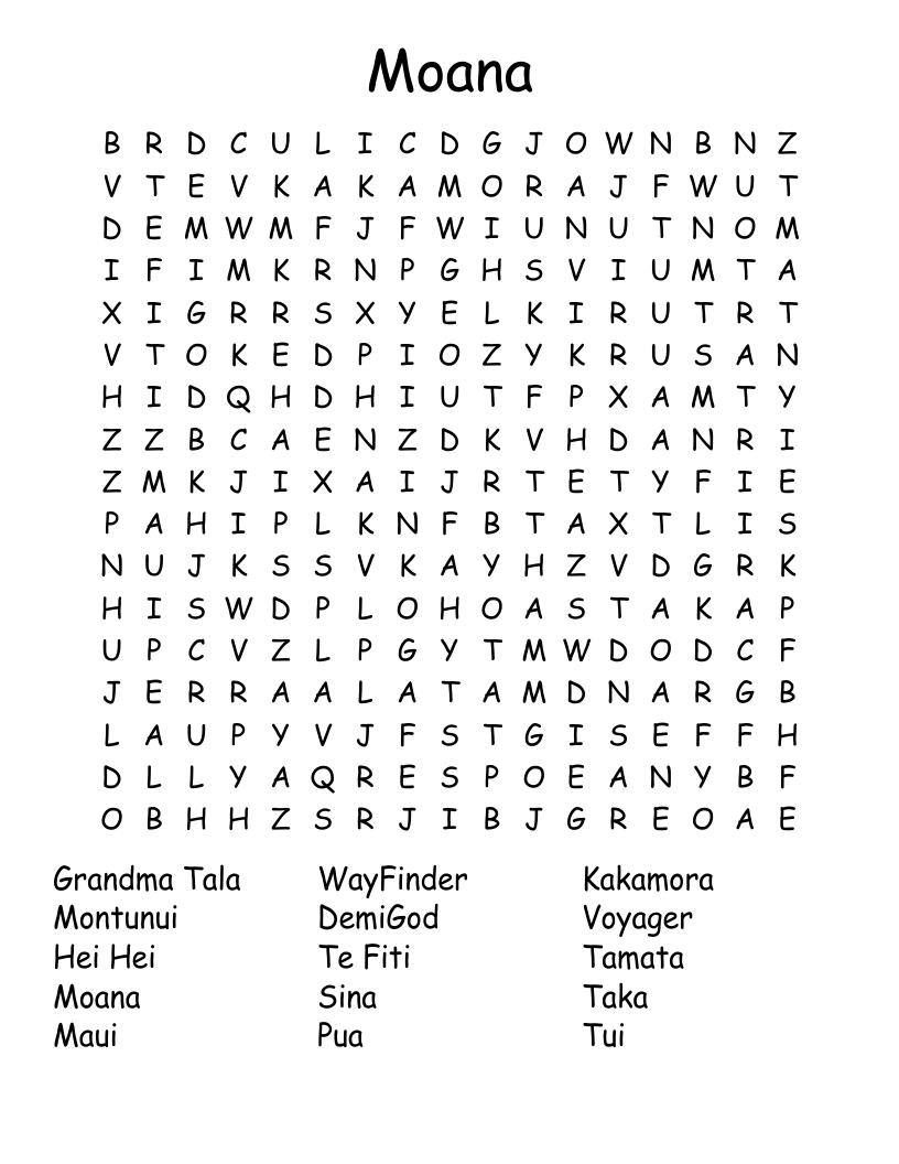 Moana Word Search WordMint