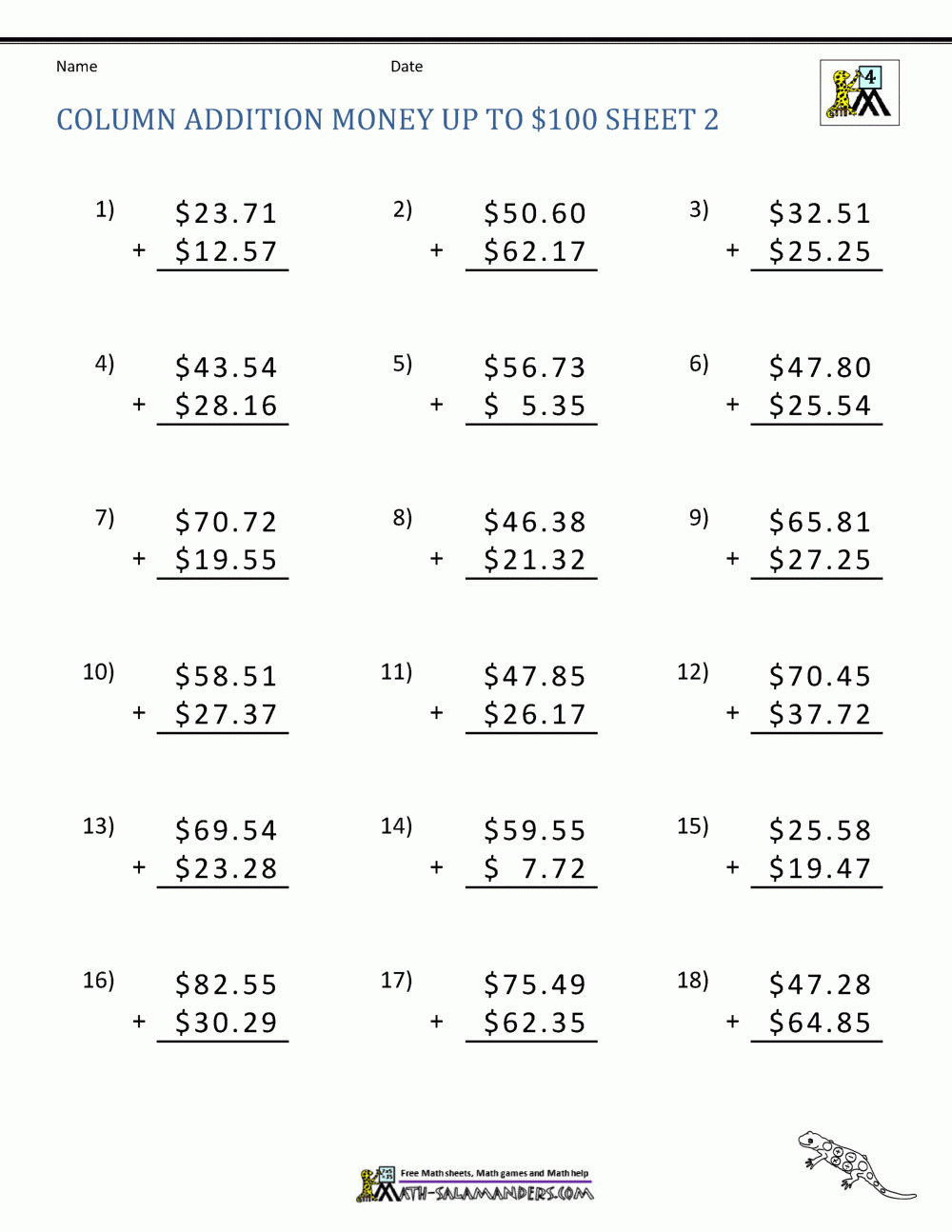 Money Addition Worksheet Collection 4th Grade