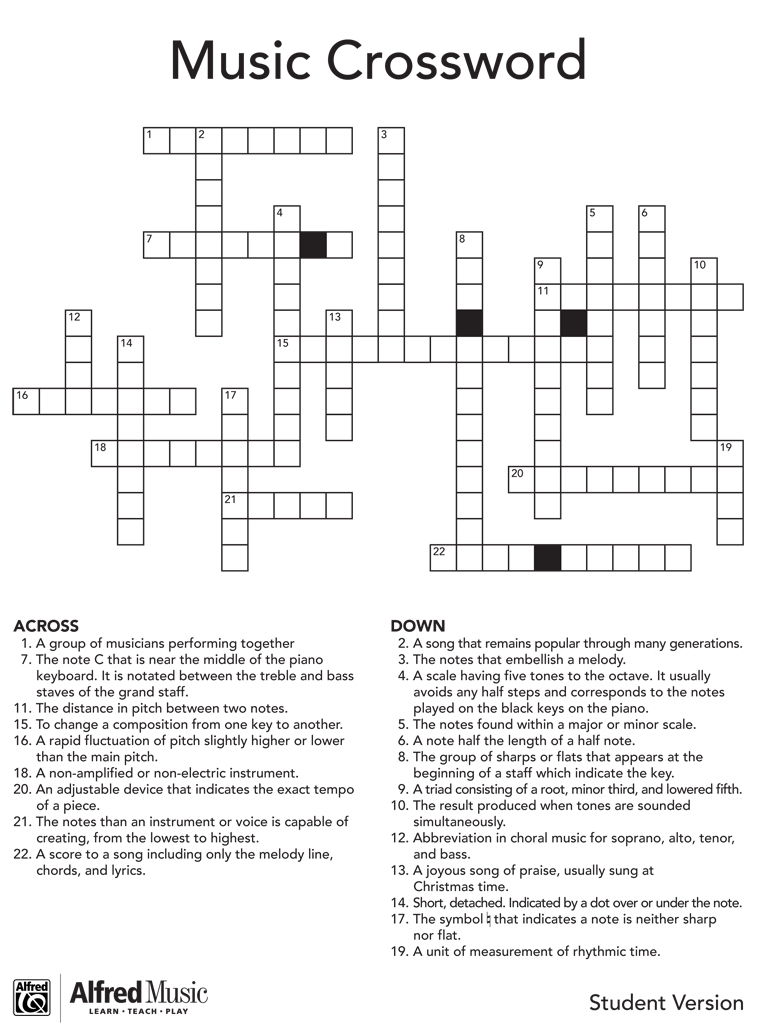 Music Crossword Puzzle Activity Worksheets Library