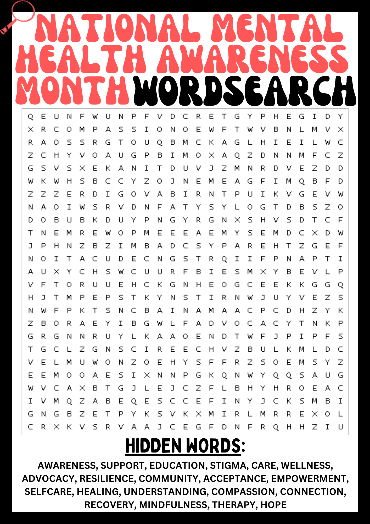 NATIONAL MENTAL HEALTH AWARENESS MONTH Wordsearch Puzzle Worksheet 