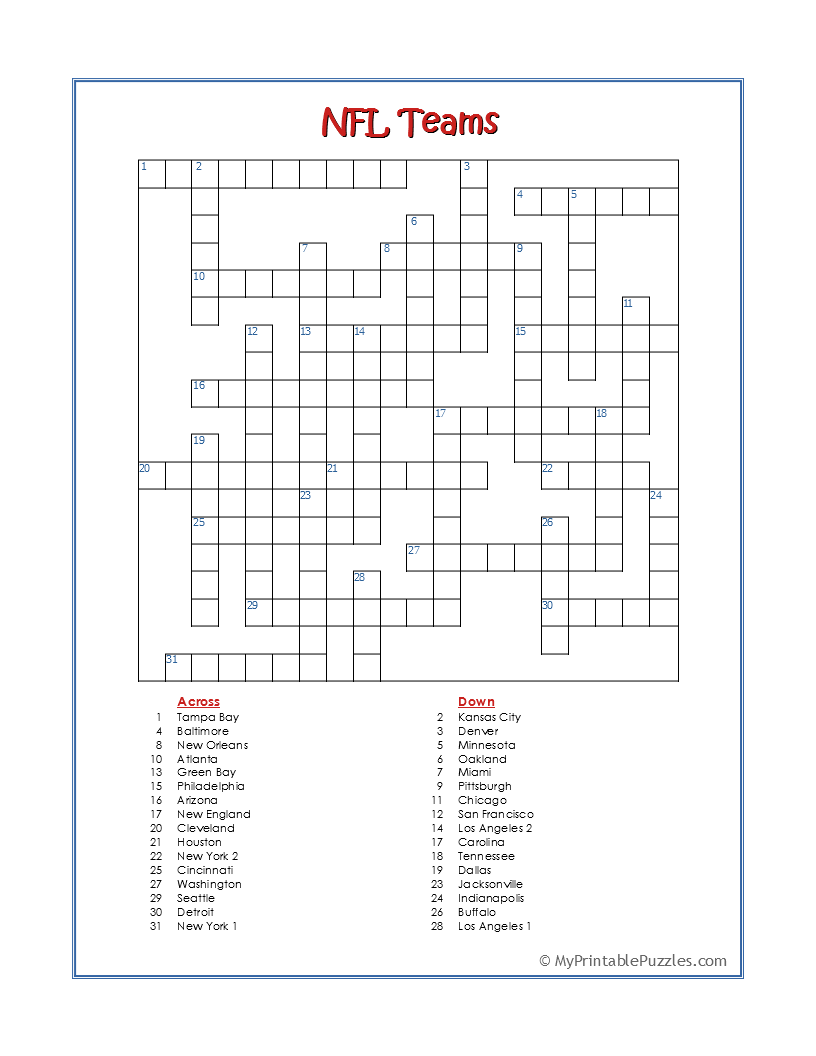Free Football Crossword Puzzles Printable