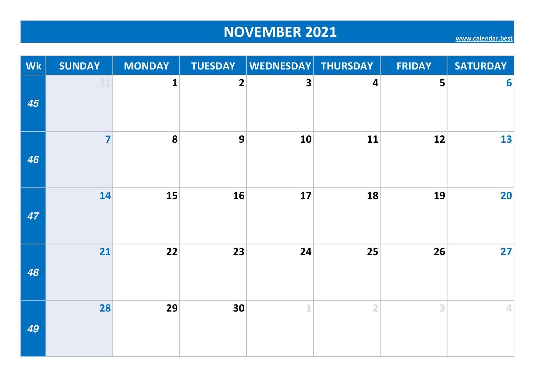 November 2021 Calendar Calendar best