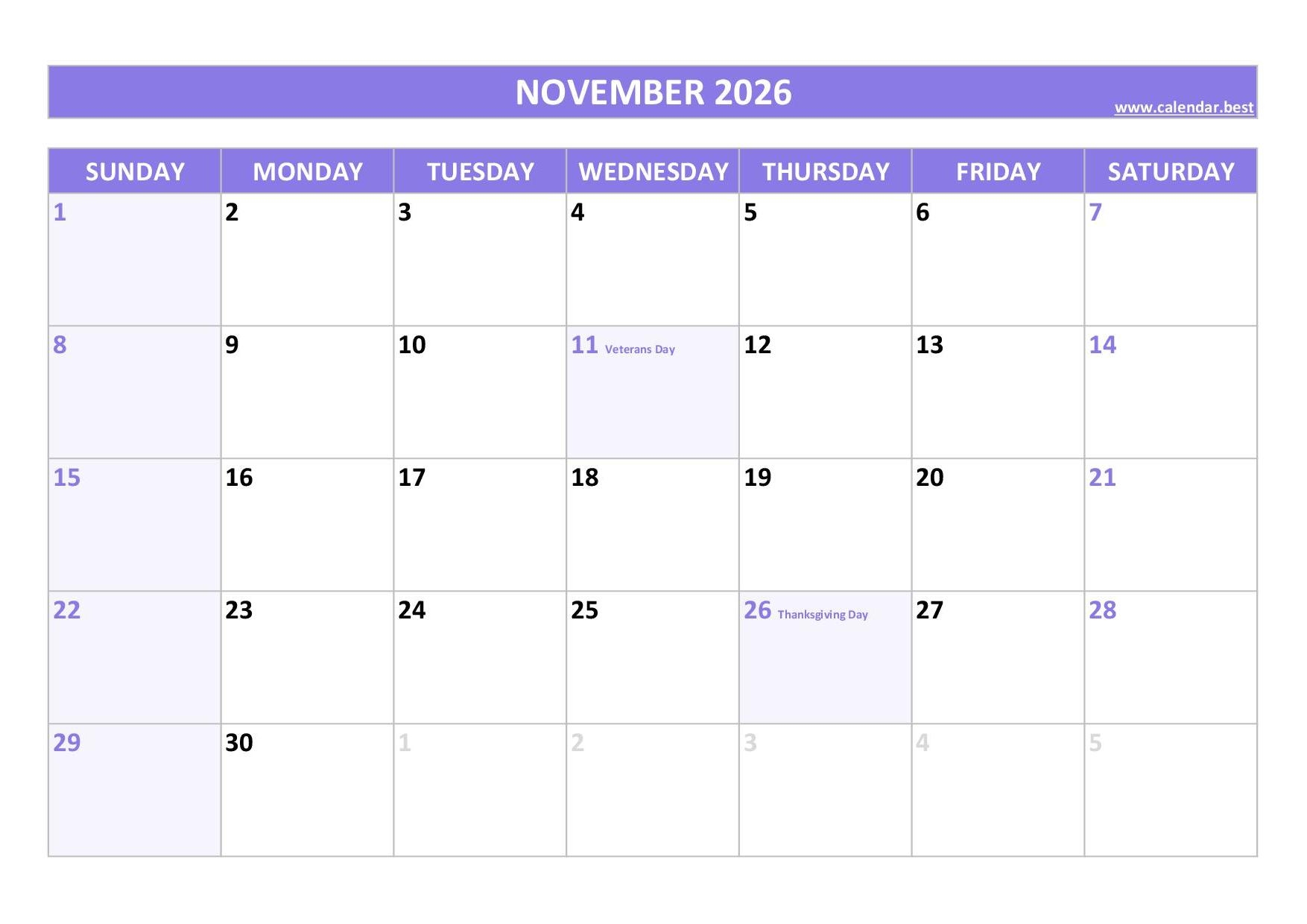 2026 Blank Printable November Calendar