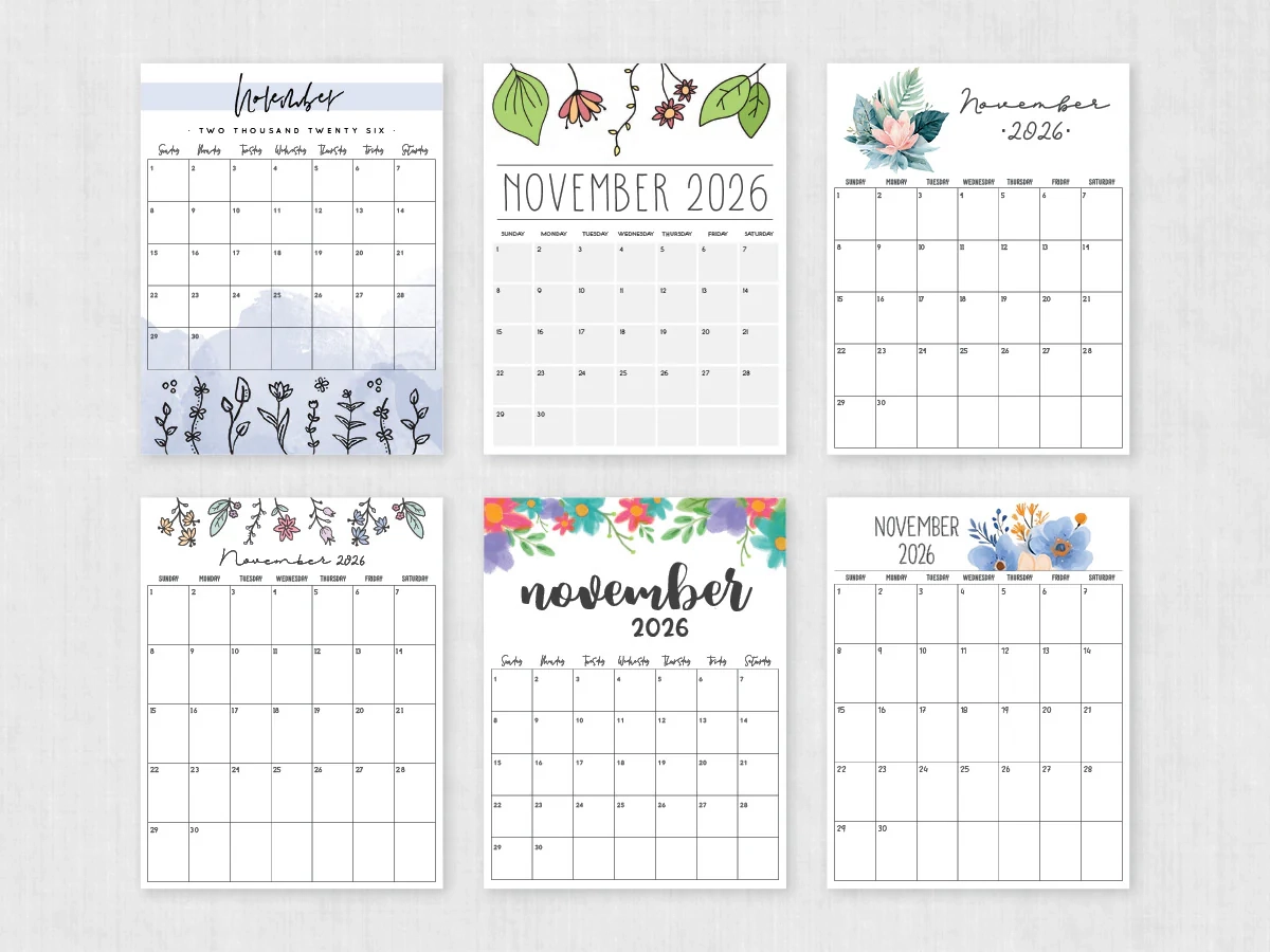 November Calendar 2026 Printable Wide Lines