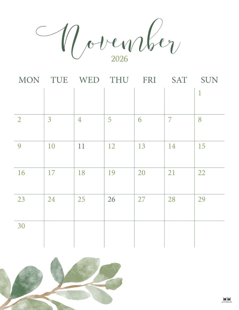 Vertical Printable November 2026 Calendar