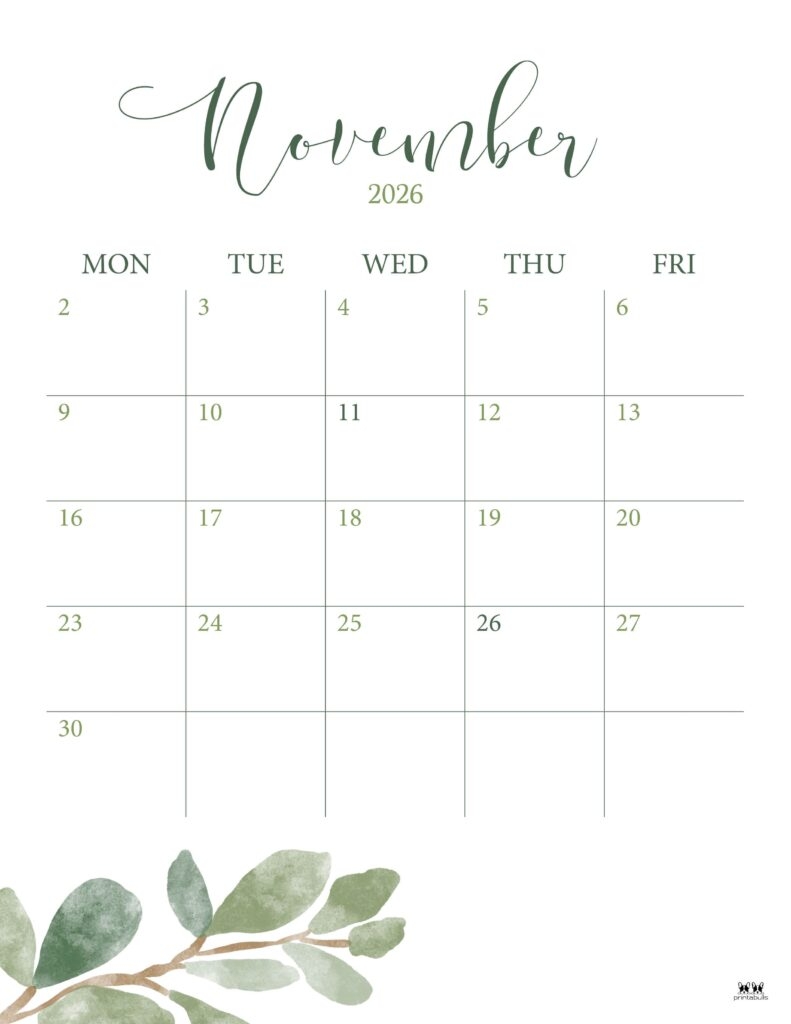 November 2026 Calendars 123 FREE Printables Printabulls