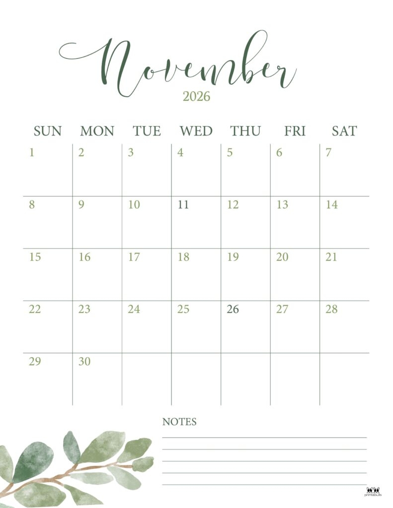 November 2026 Calendar Printable Vertical