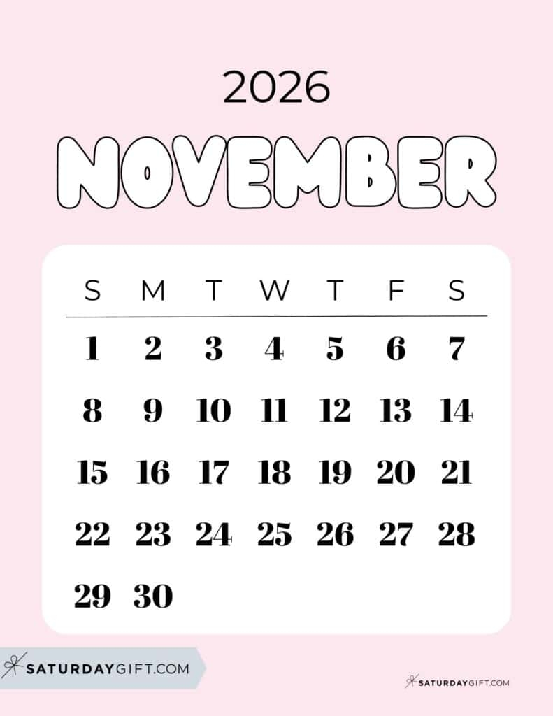 Pretty Printable November 2026 Calendar