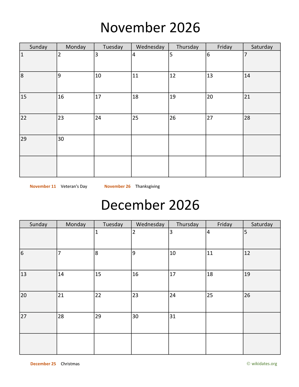 Printable Calendar November December 2026