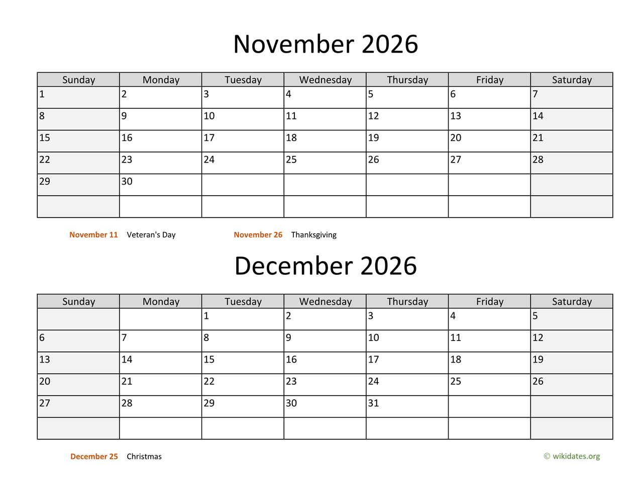October November December 2026 Calendar
