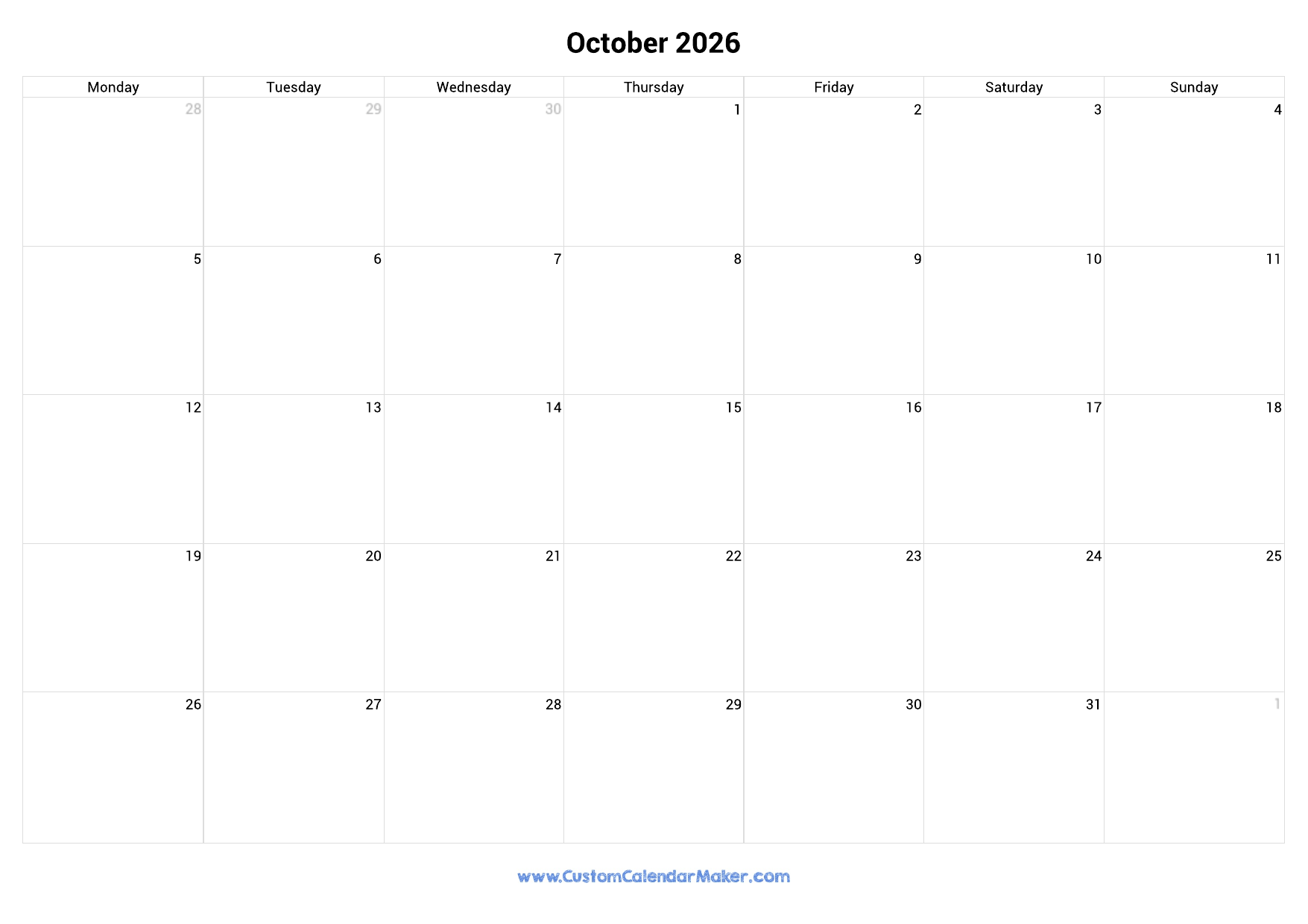 Blank Printable Calendar Start Monday 2026