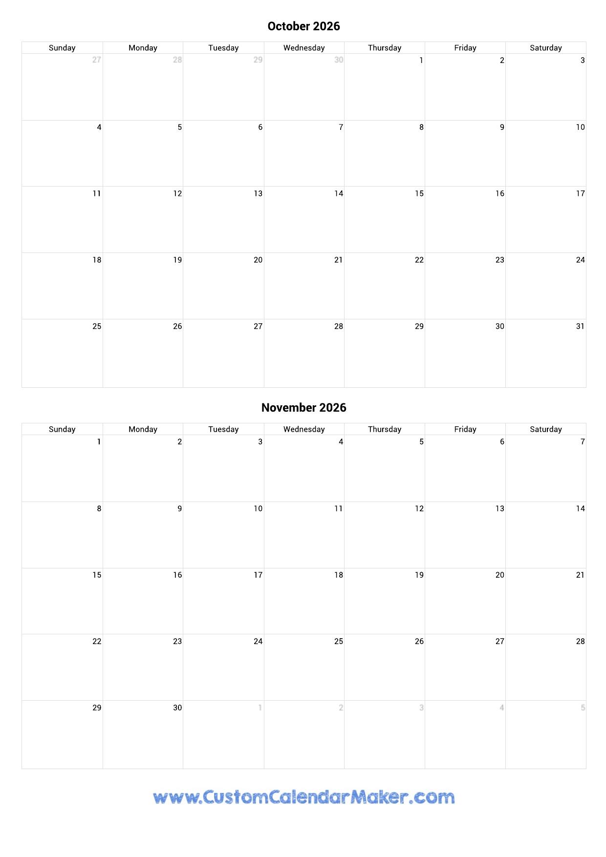 Calendar 2026 October November December Printable