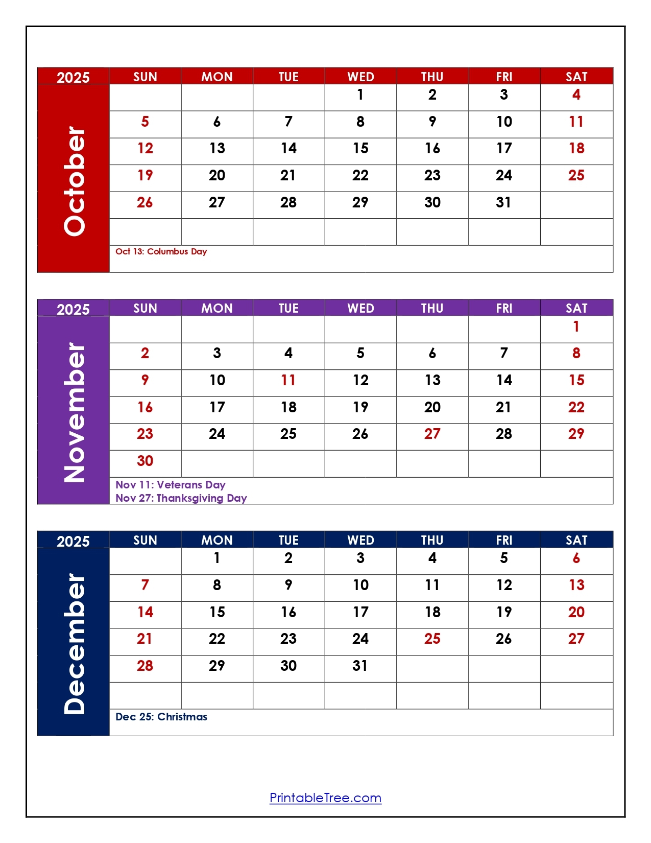 October November December Printable Calendar