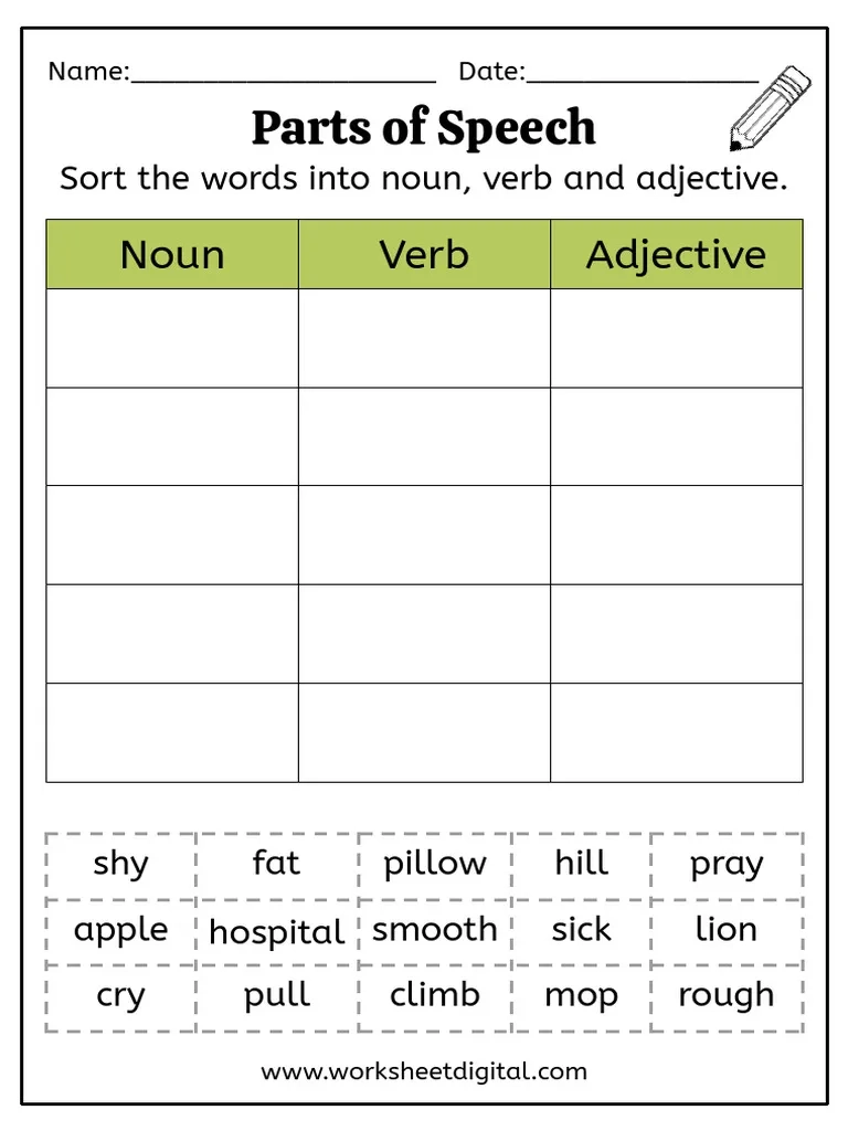 Free Printable Noun Verb Adjective Worksheets