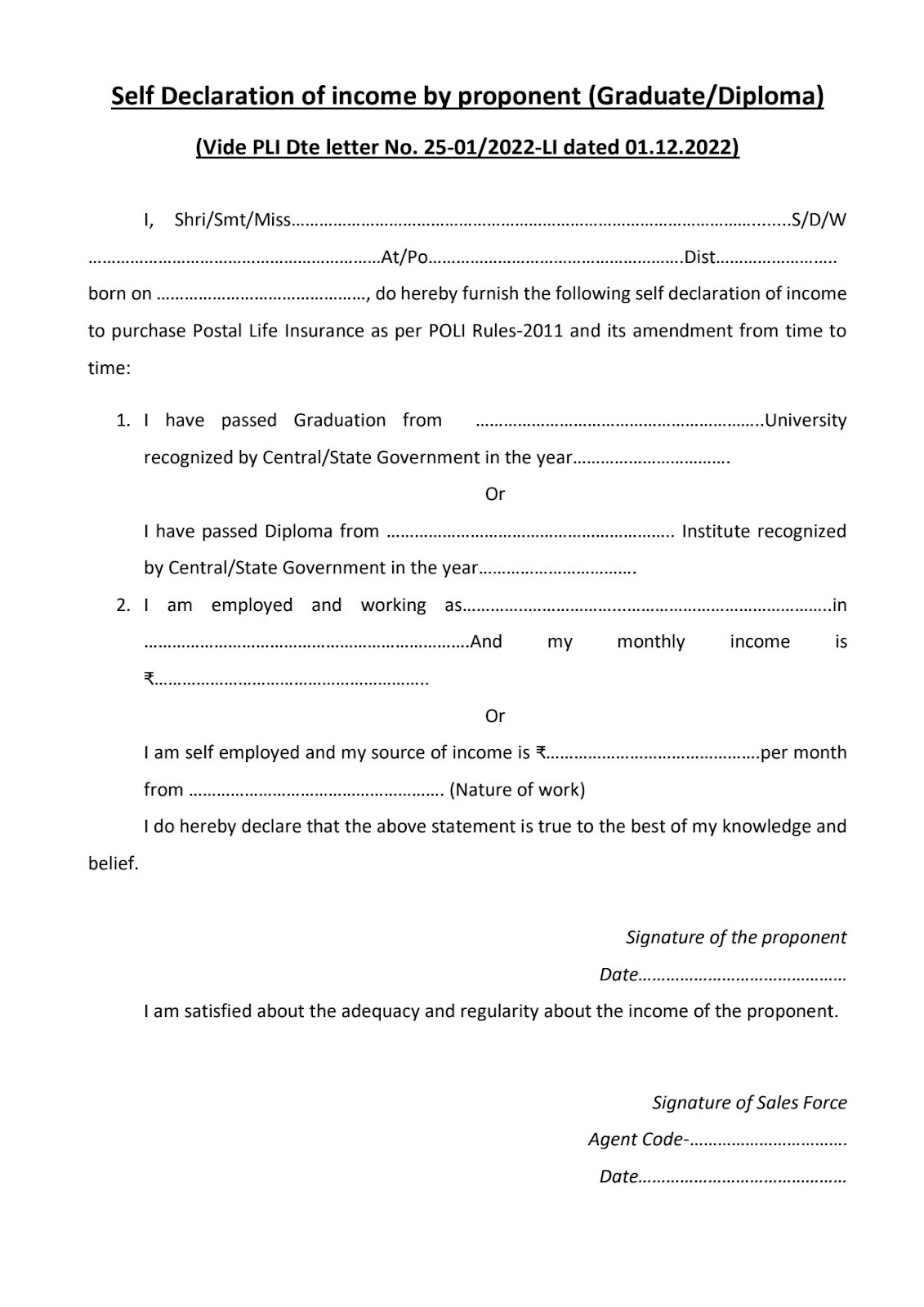PLI Self Declaration Of Income By Proponent Graduate Diploma 
