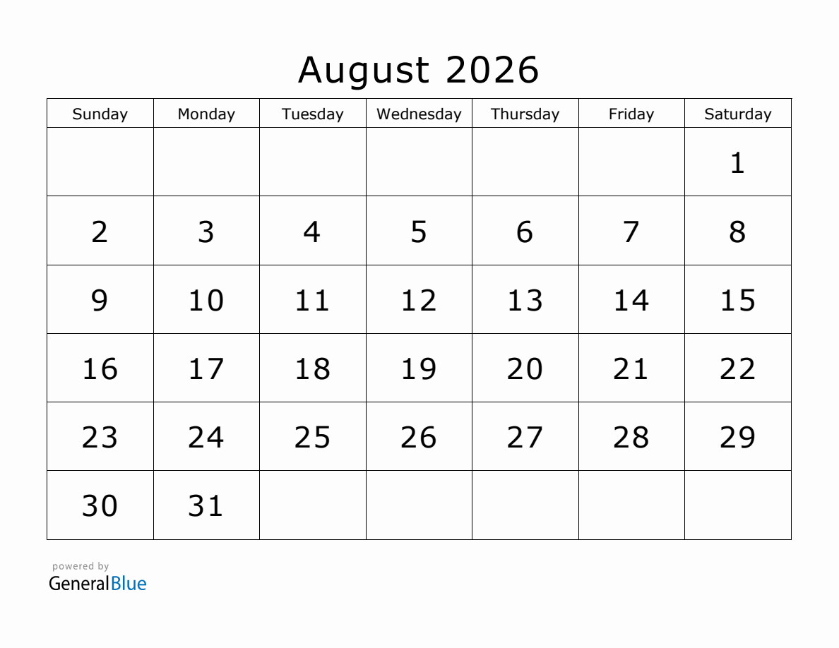 August 2026 Calendar Printable Free