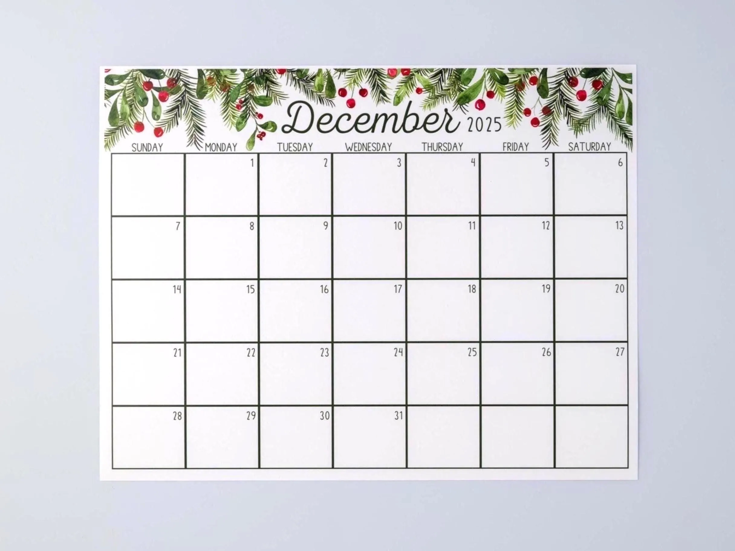 Printable December 2025 Calendar Watercolor Pine amp Holly 