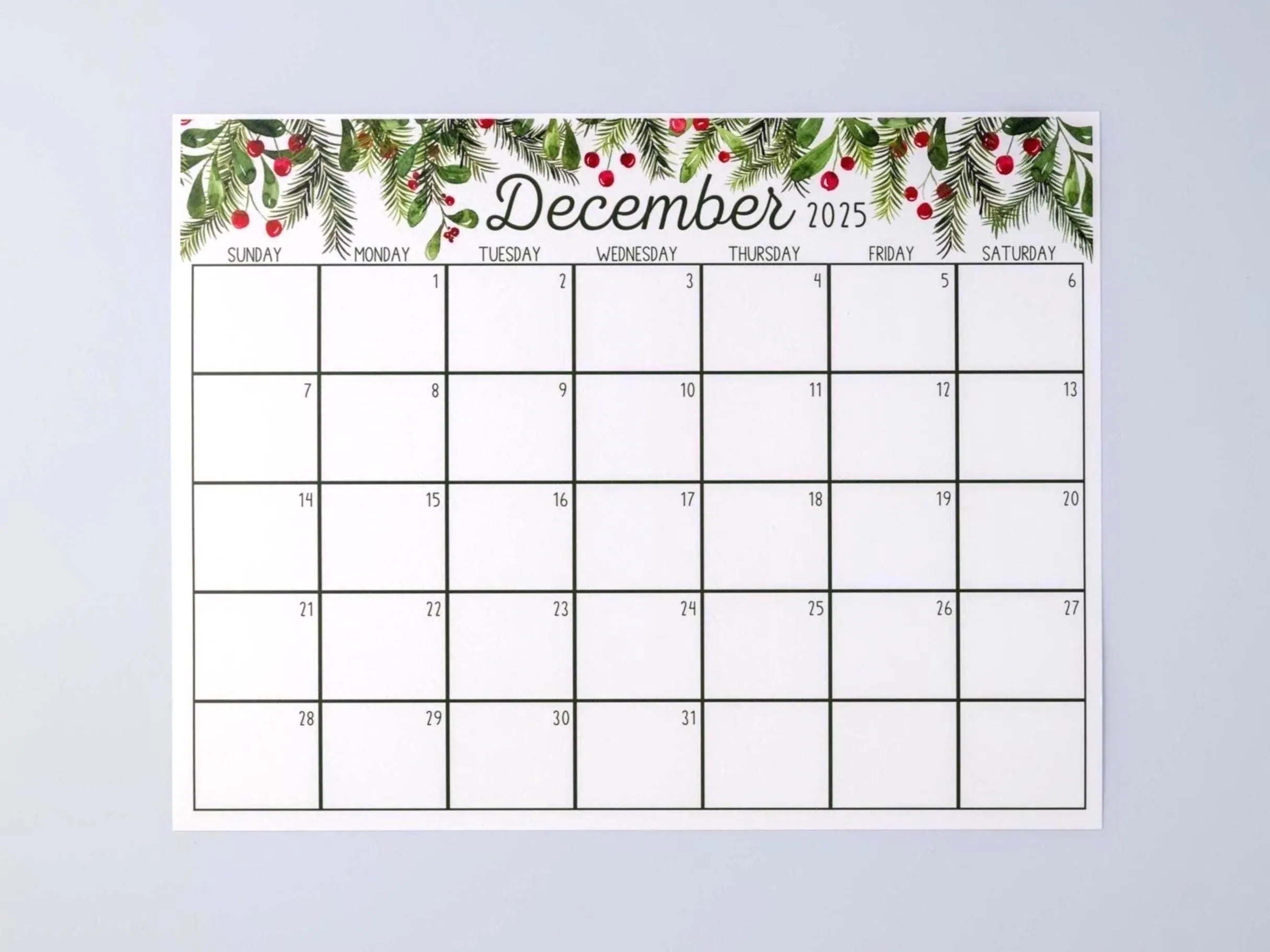 Printable December 2025 Calendar Watercolor Pine amp Holly 