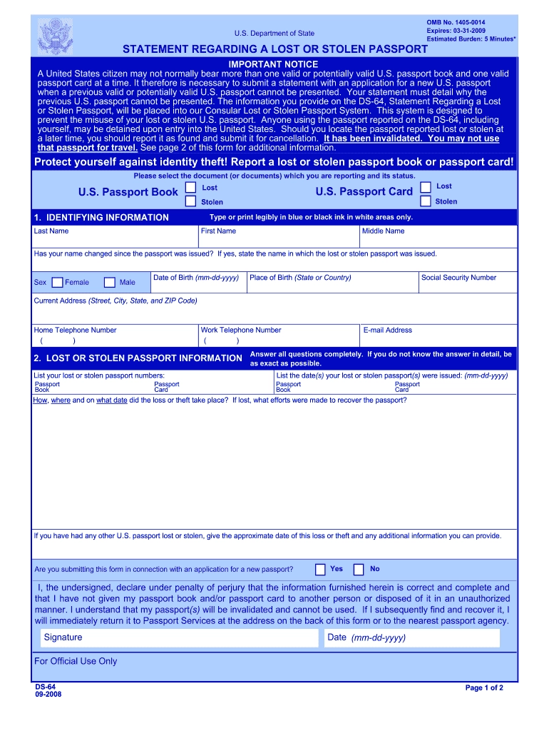Lost Passport Form Ds 64 Printable