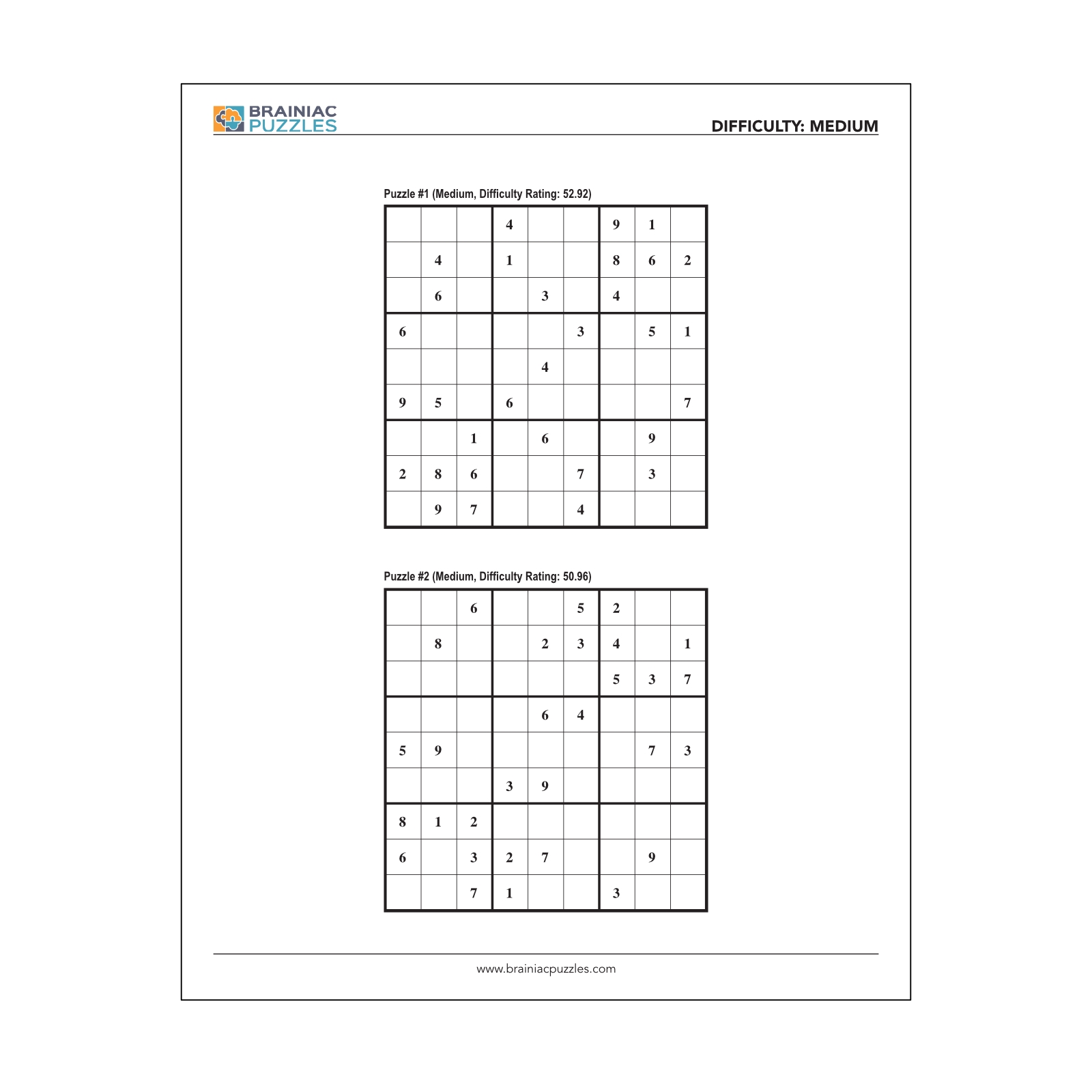 Printable Sudoku Puzzles Medium Level