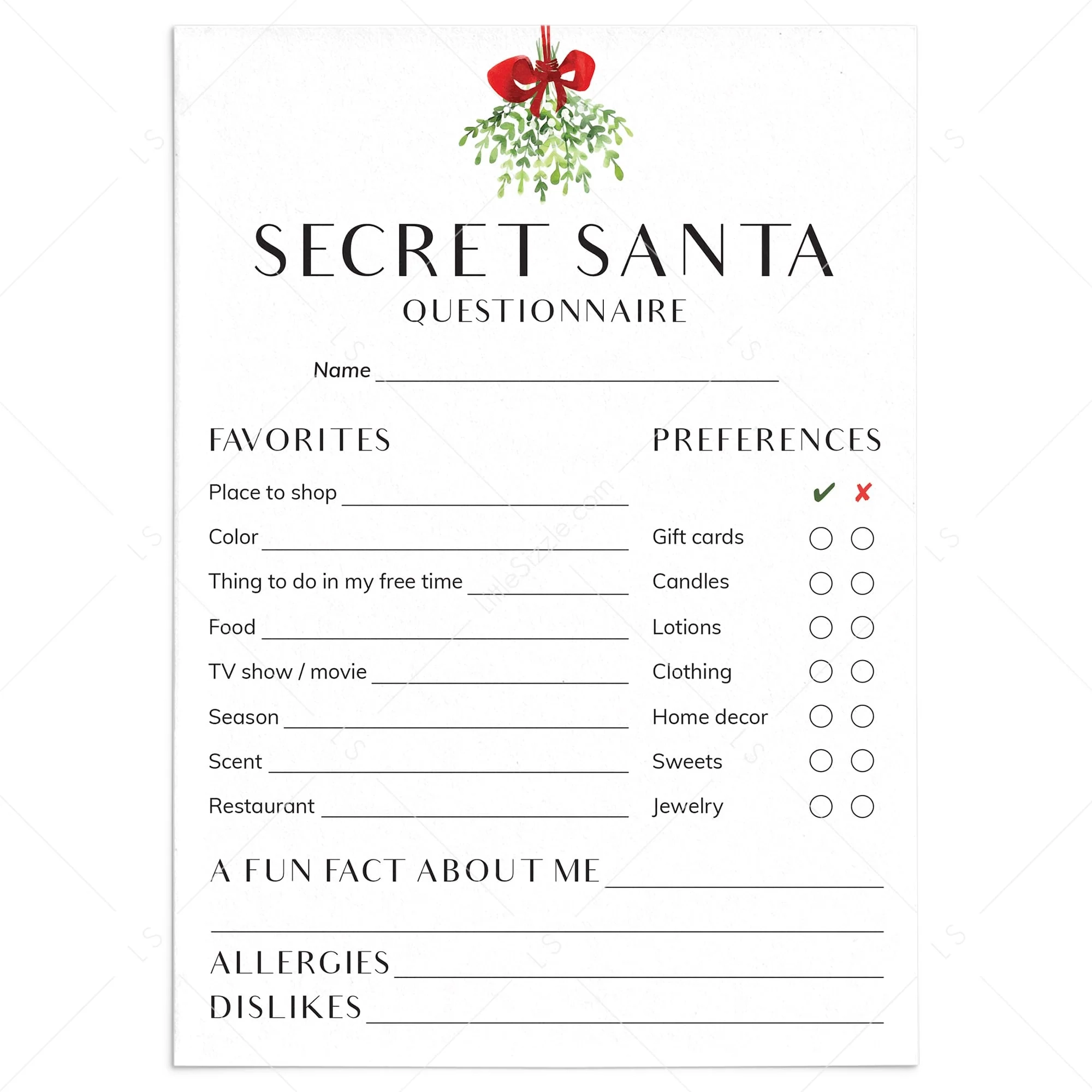 Printable Template Secret Santa Form