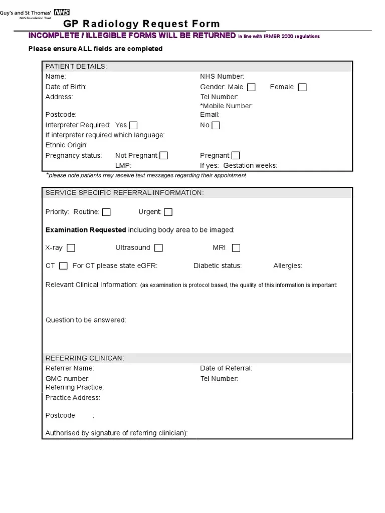 X Ray Request Form Template
