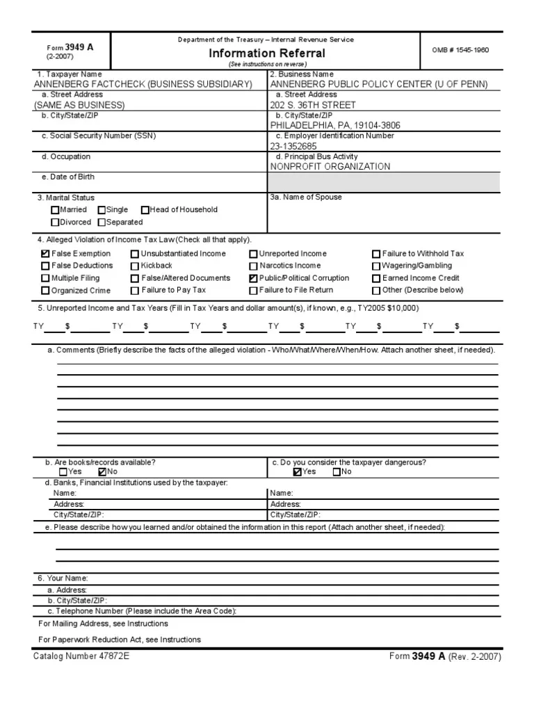 Irs Form 3949-A Online Submission