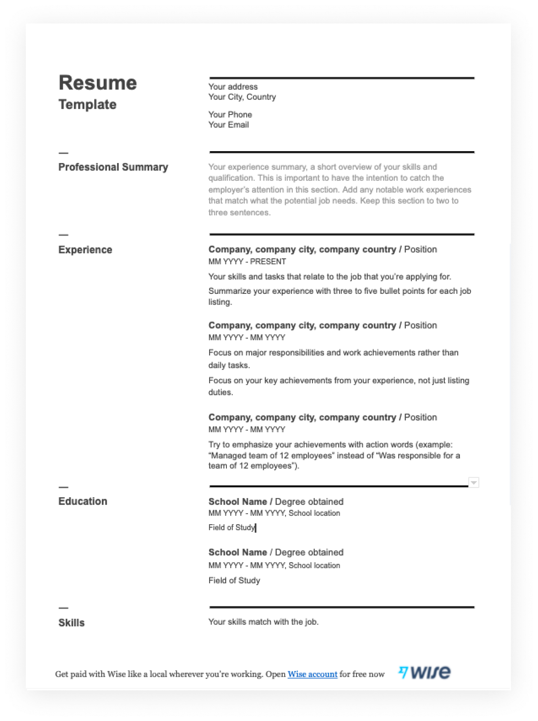 Printable Resume Template