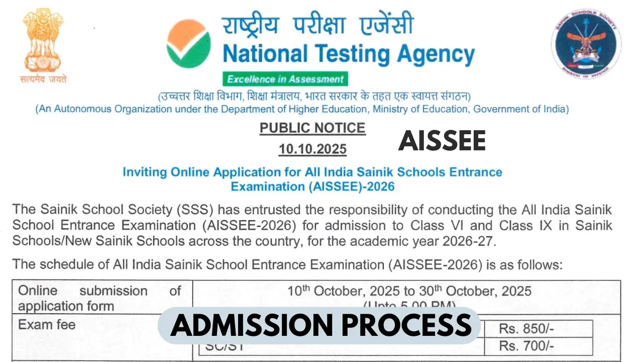 Sainik School Admission 2026 AISSEE Class 6 And 9 Registration 