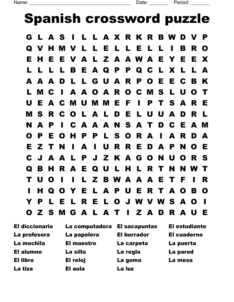 Printable Spanish Crossword Puzzle Answers