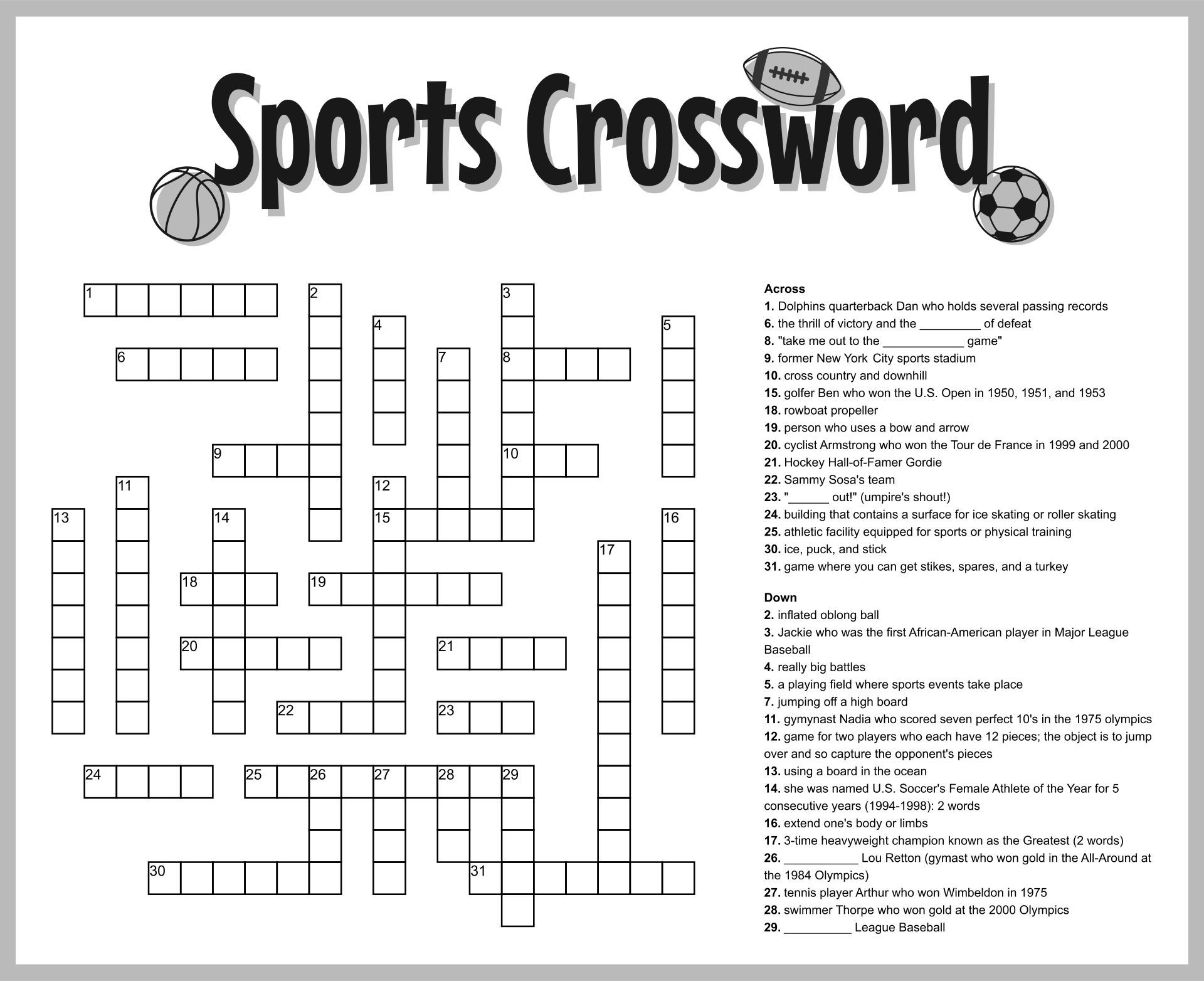 Free Sports Crossword Puzzles Printable