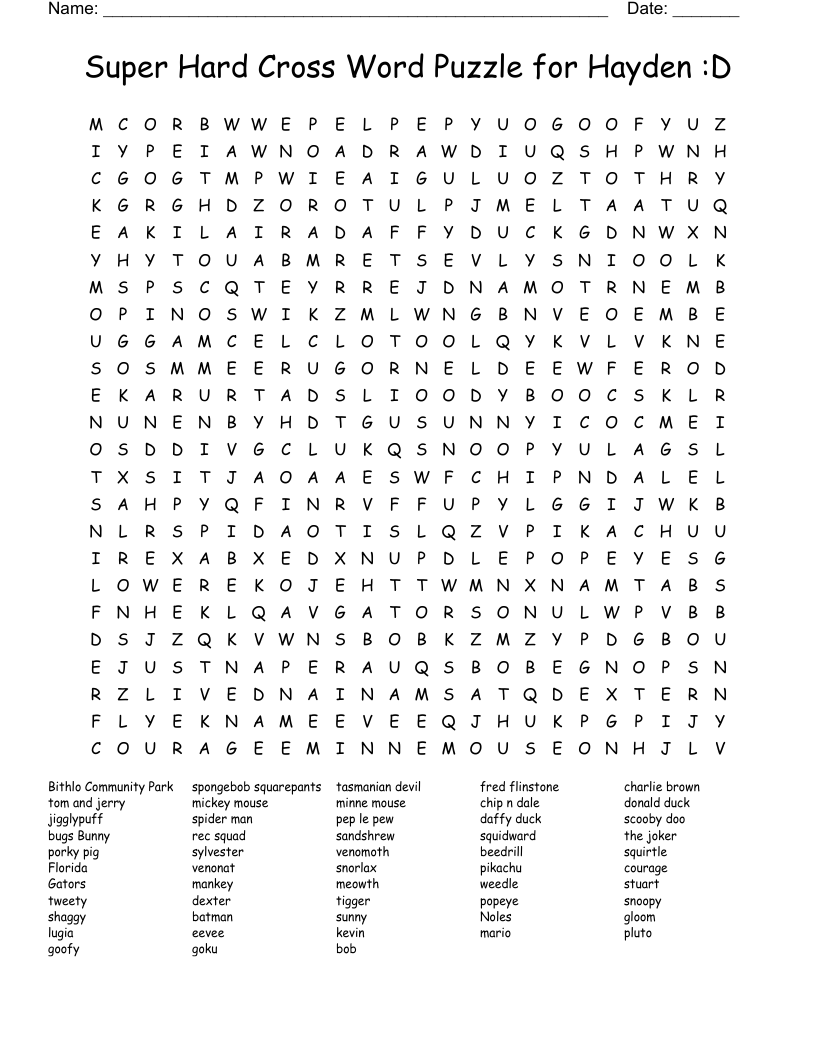Super Hard Cross Word Puzzle For Hayden D Word Search WordMint 