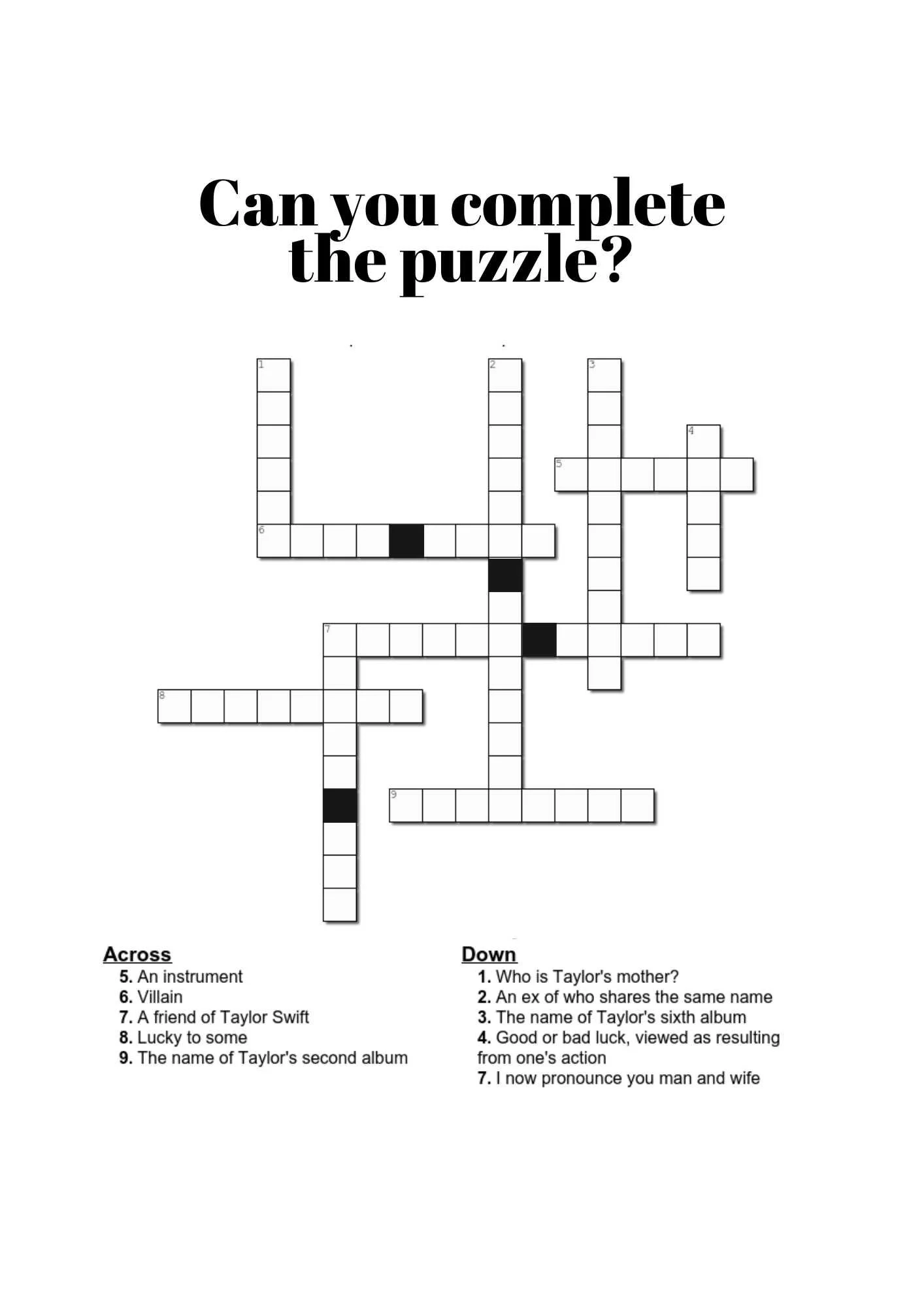 Taylor Swift Crossword Puzzles Printable