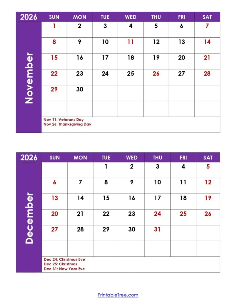September To December 2026 Calendar Printable