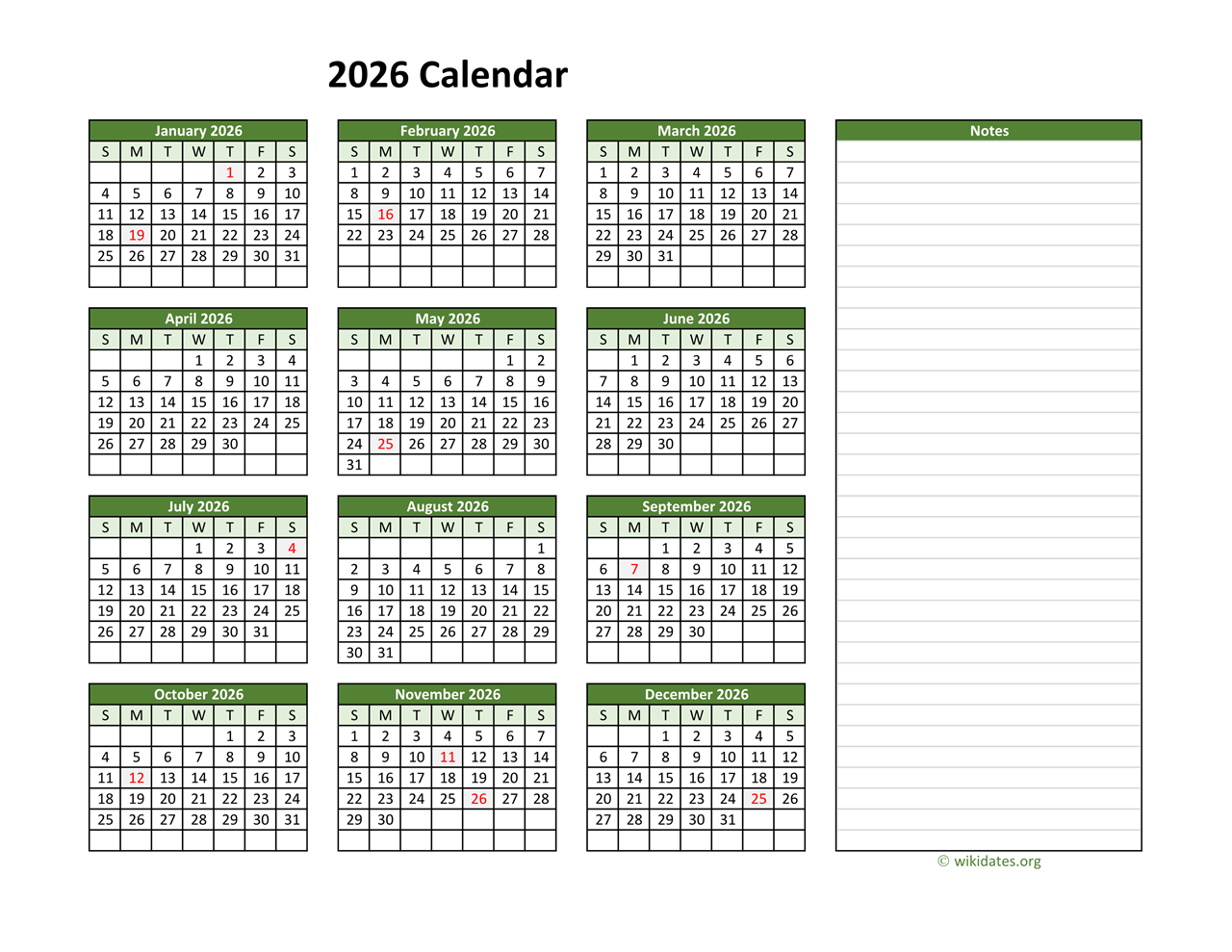 Printable Monthly Calendar 2026 With Notes