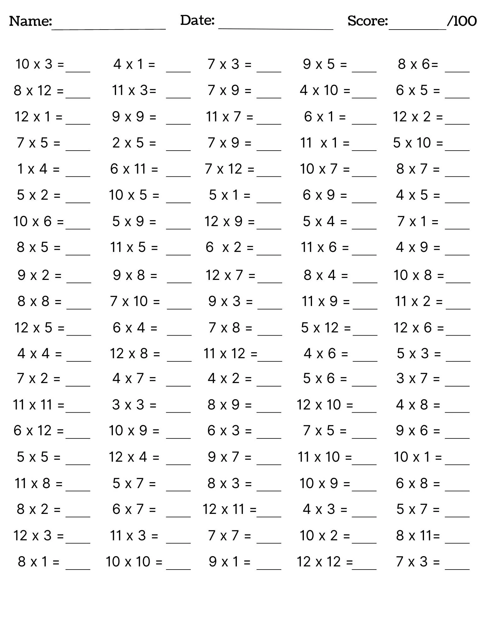 Times Tables 1-12 Printable Worksheets