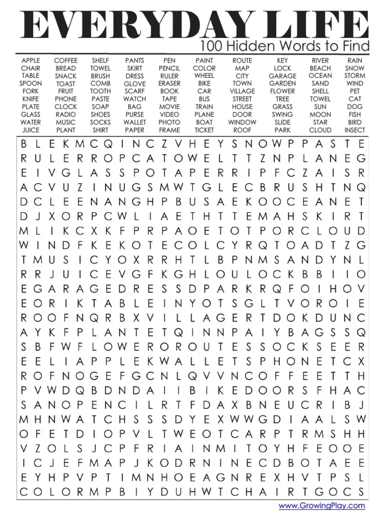 Free Printable Word Search 100 Words