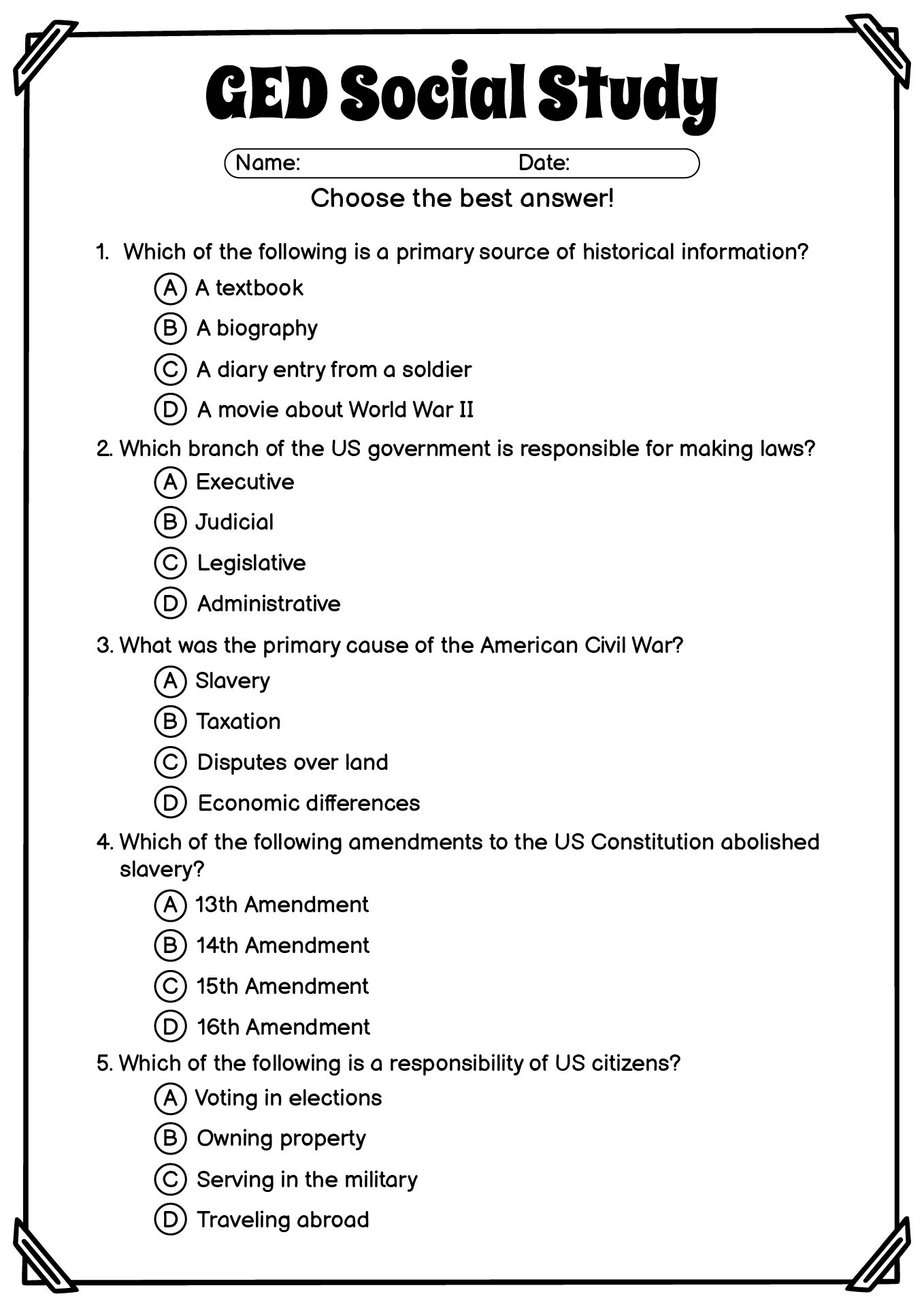 Best Free Ged Printable Worksheets