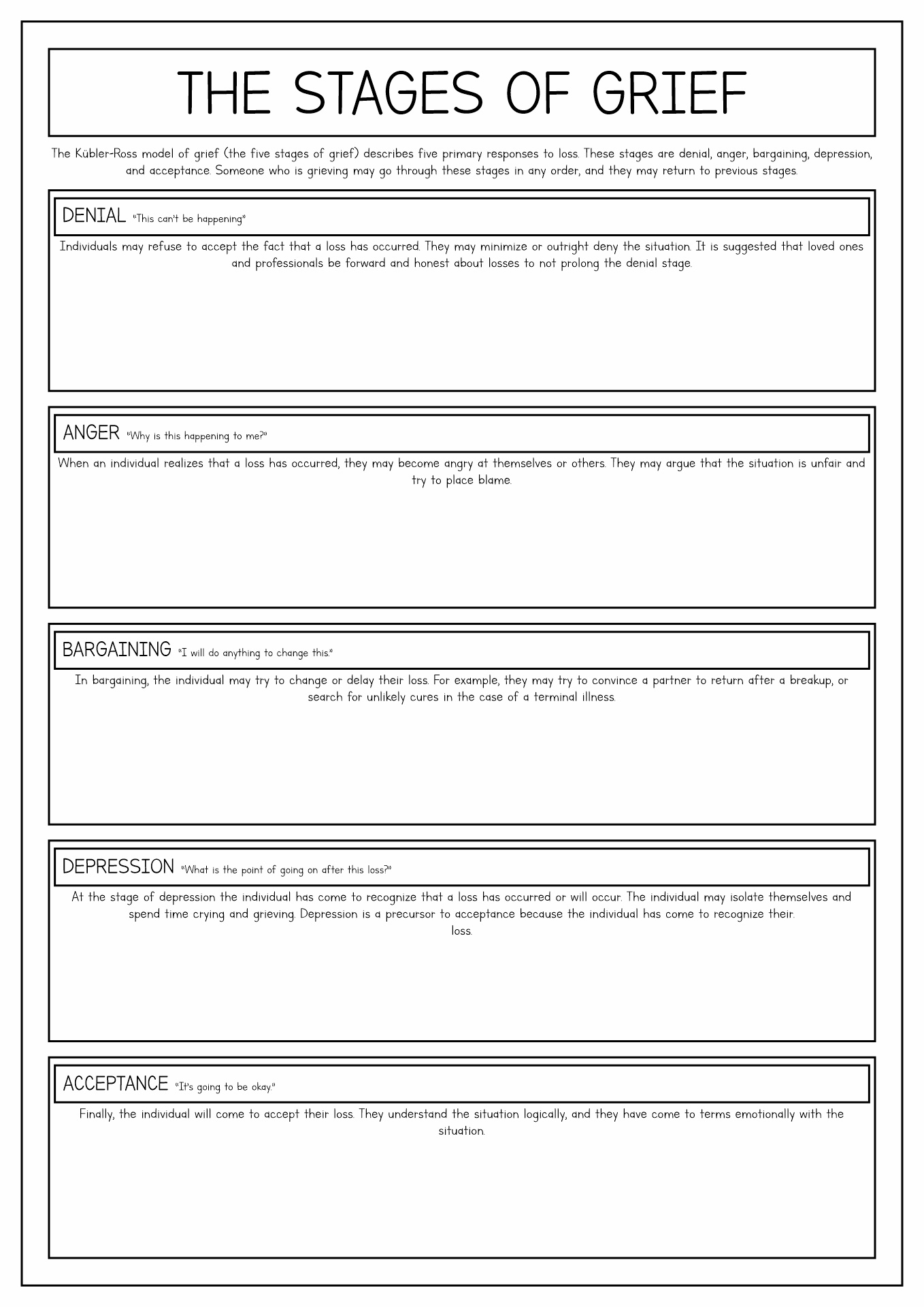 Stages Of Grief Free Printable Worksheets